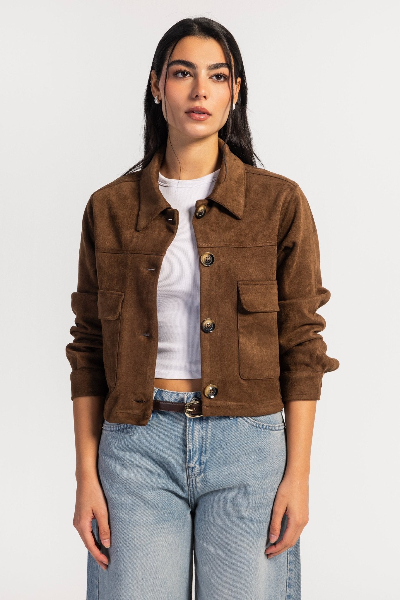 Cropped Suede Jacket – Chocolate Brown Jacket CIZARO - Cizaro Jeans