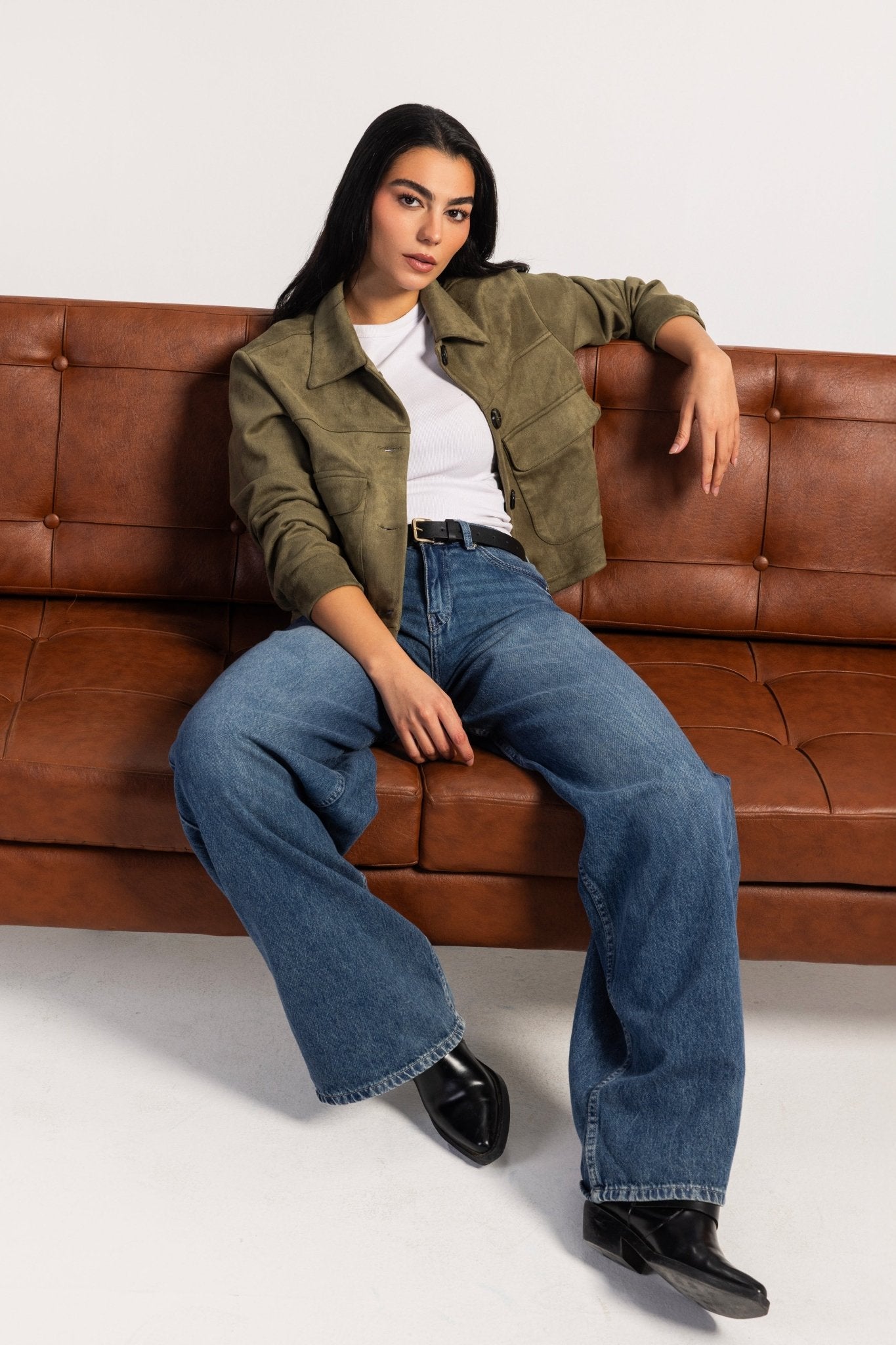 Cropped Suede Jacket – Olive Jacket CIZARO - Cizaro Jeans