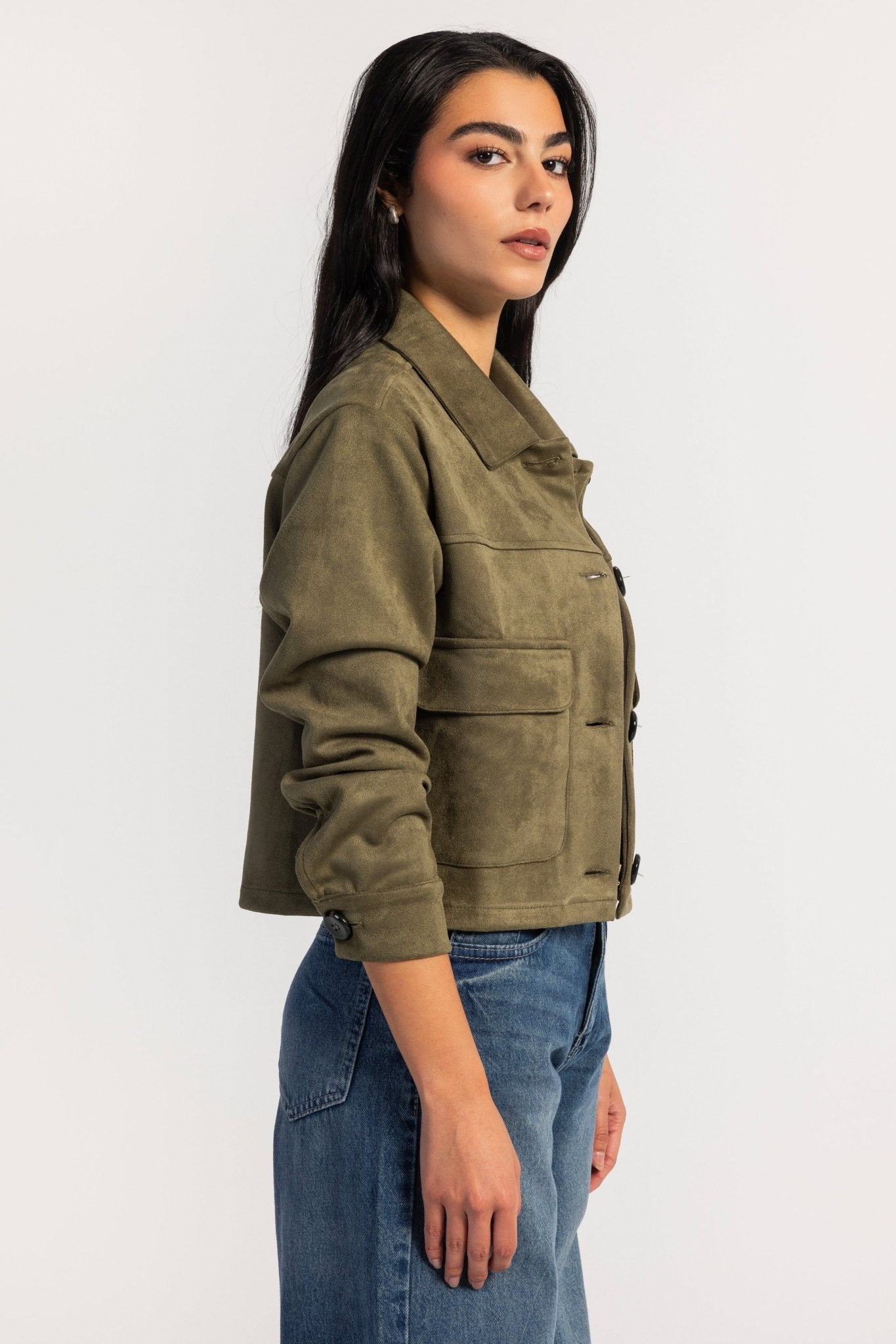 Cropped Suede Jacket – Olive Jacket CIZARO - Cizaro Jeans