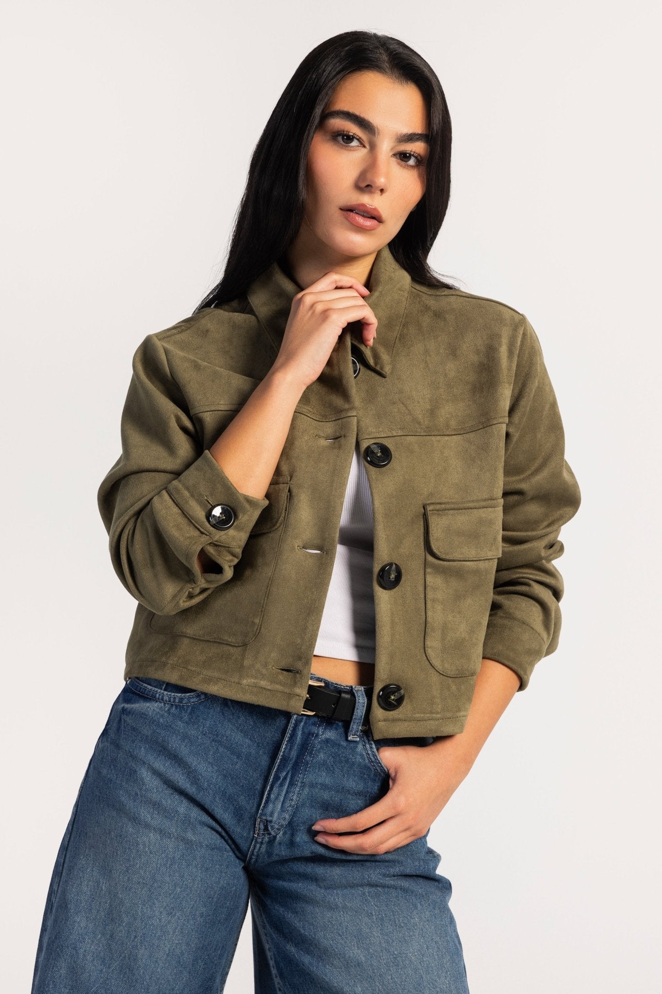 Cropped Suede Jacket – Olive Jacket CIZARO - Cizaro Jeans