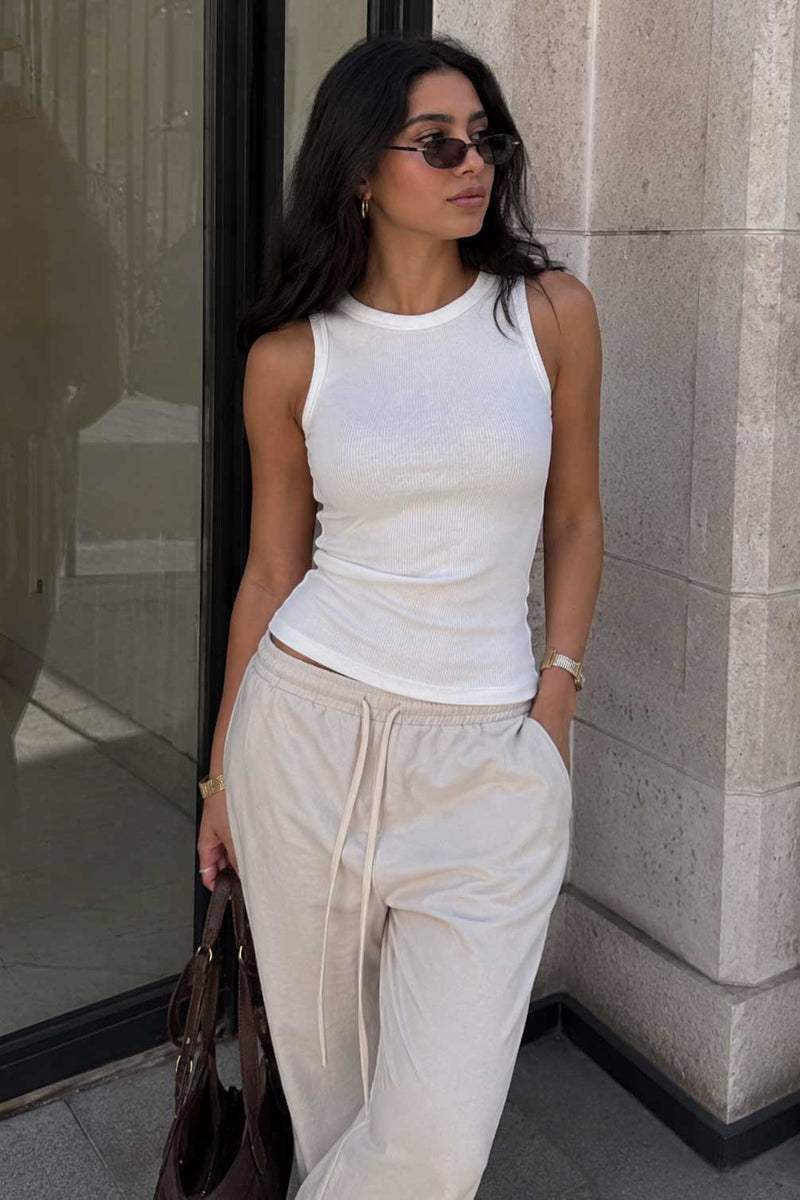 Ribbed Crew Neck Tank Top – White Basic shirt CIZARO - Cizaro Jeans