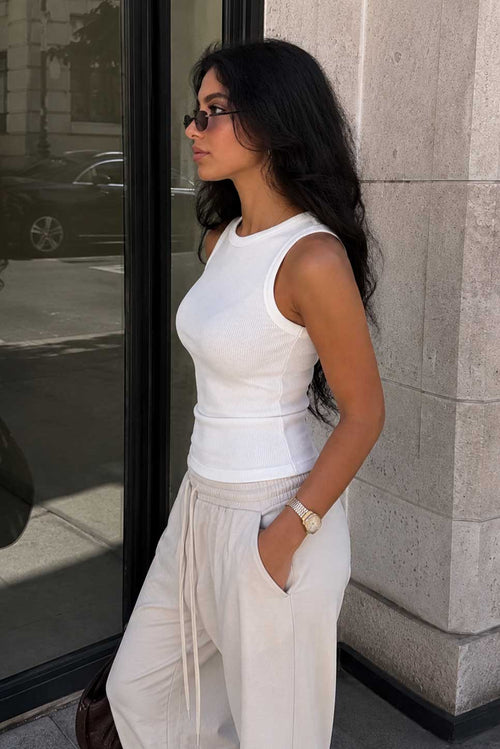Ribbed Crew Neck Tank Top – White Basic shirt CIZARO - Cizaro Jeans