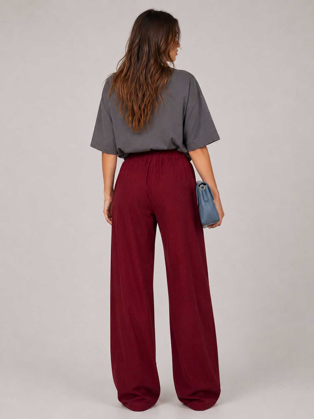 Burgundy Red Wide-Leg Trousers – Linen Effect