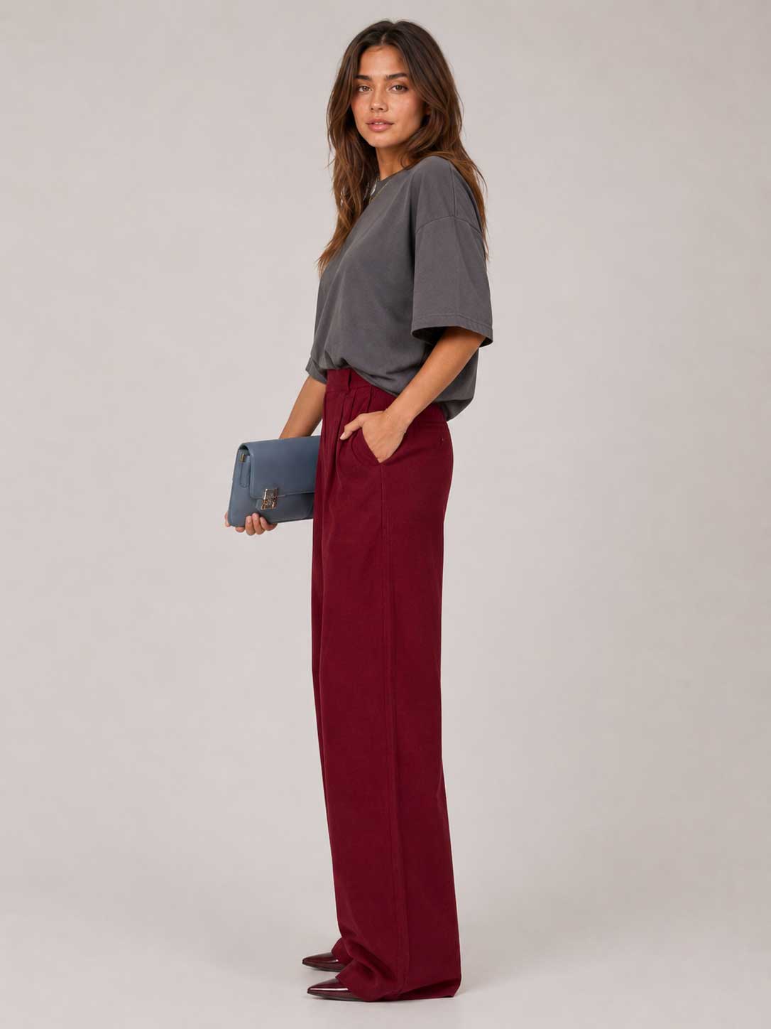Burgundy Red Wide-Leg Trousers – Linen Effect