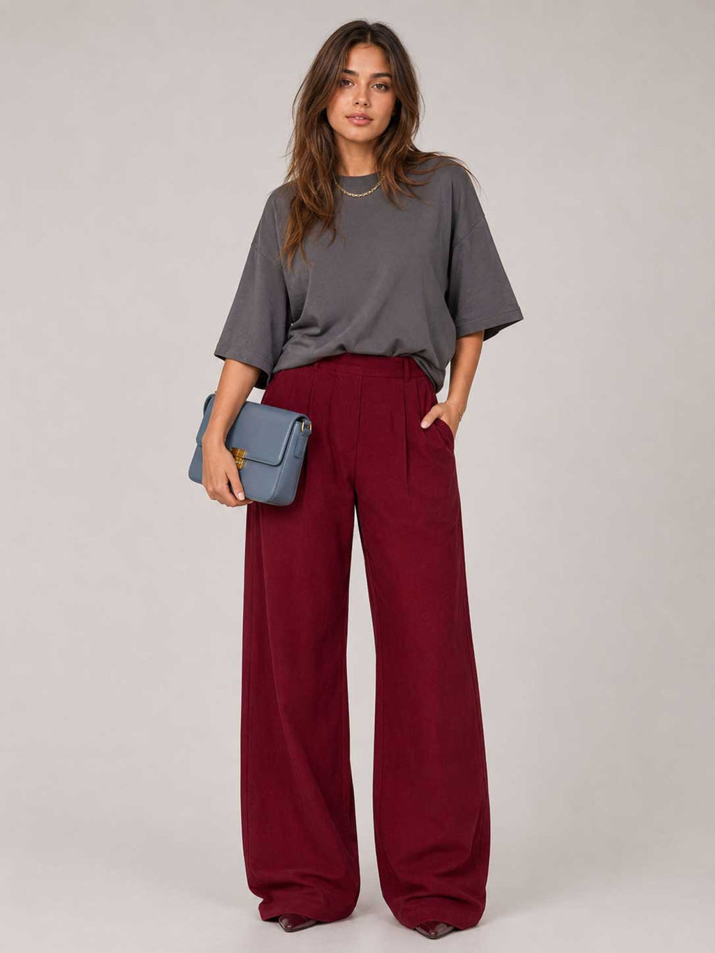 Burgundy Red Wide-Leg Trousers – Linen Effect