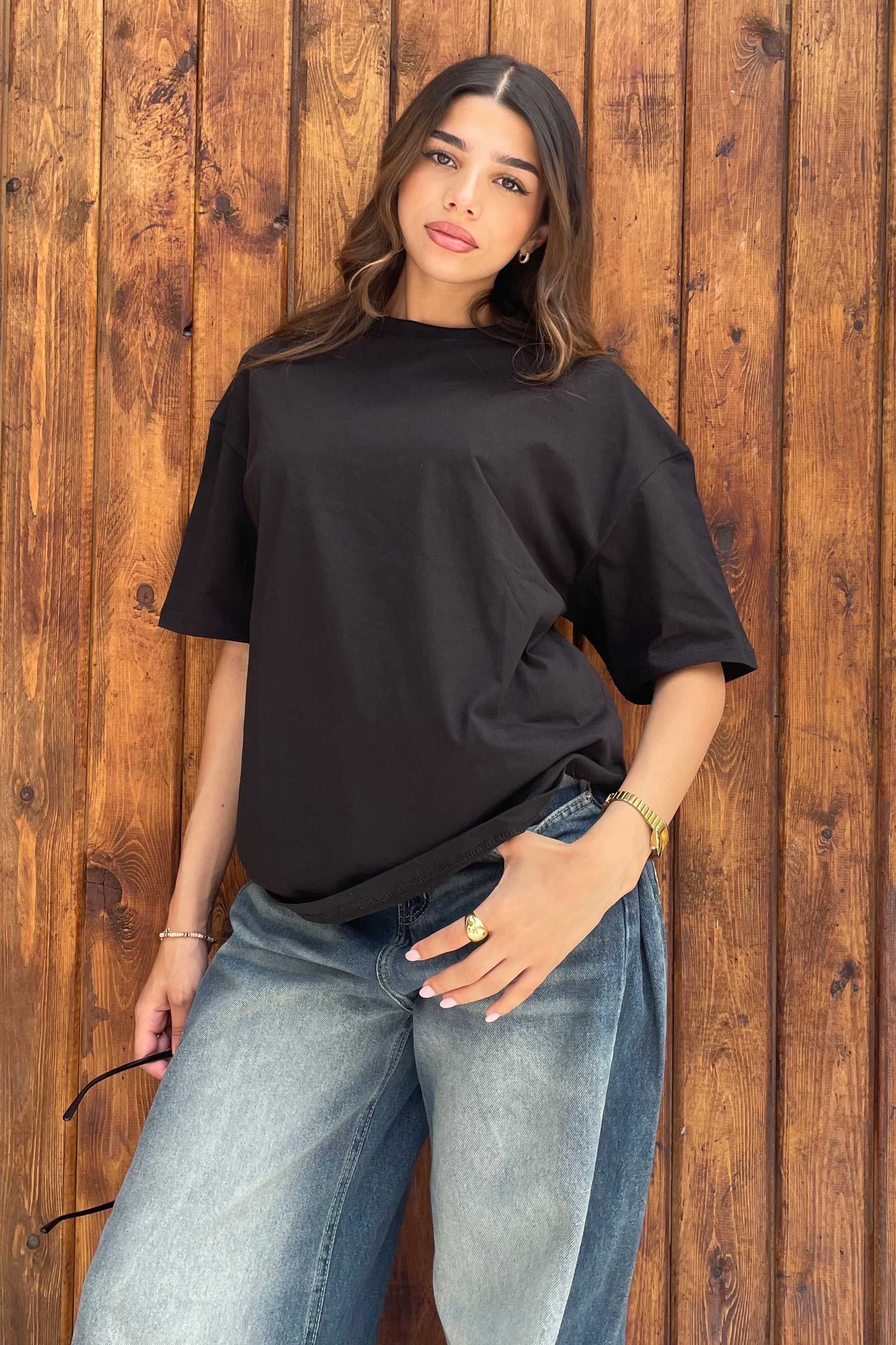 Oversized - High-Round Neck Black Tee T-Shirt - Basics CIZNEW - Cizaro Jeans