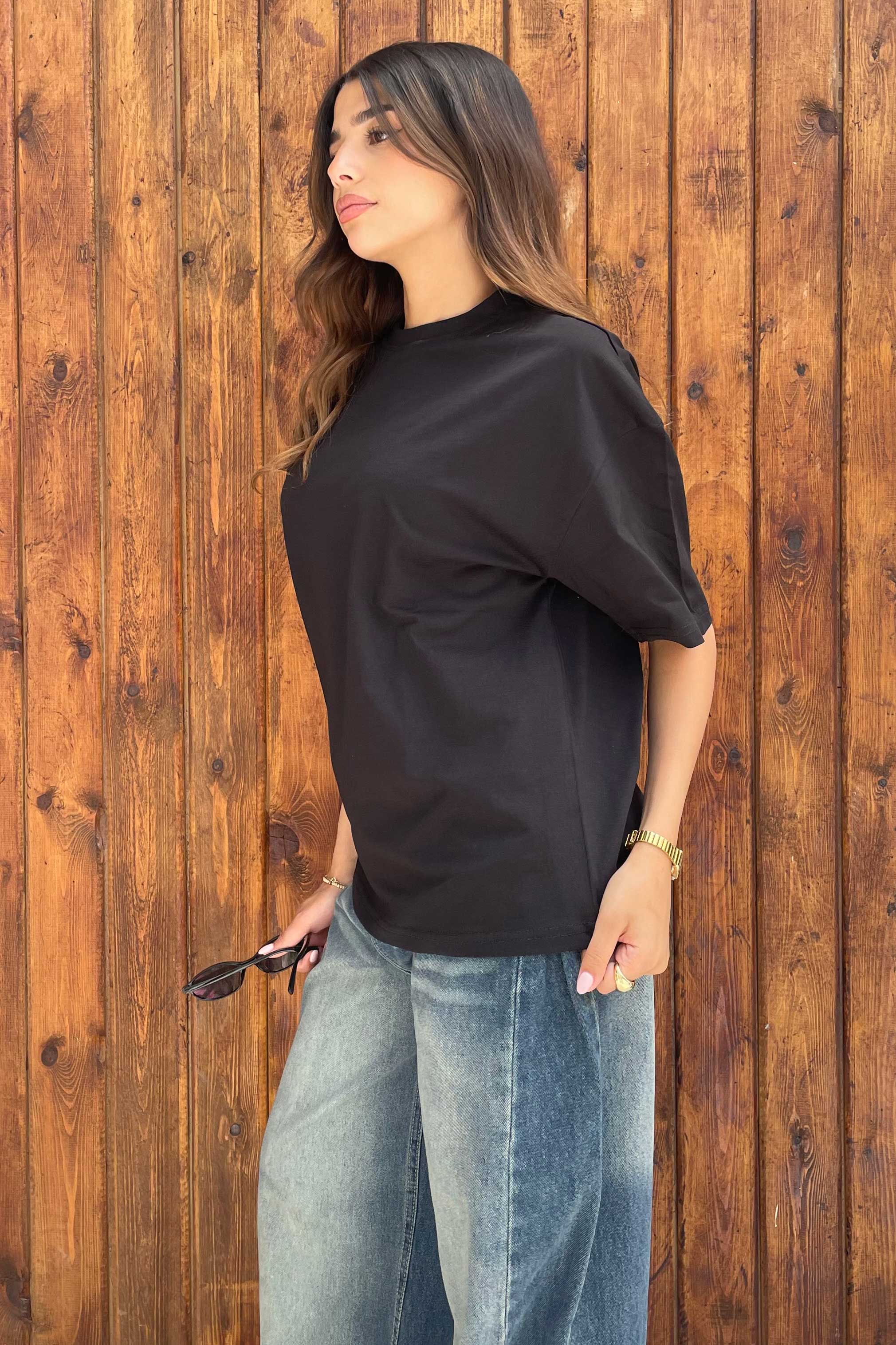 Oversized - High-Round Neck Black Tee T-Shirt - Basics CIZNEW - Cizaro Jeans