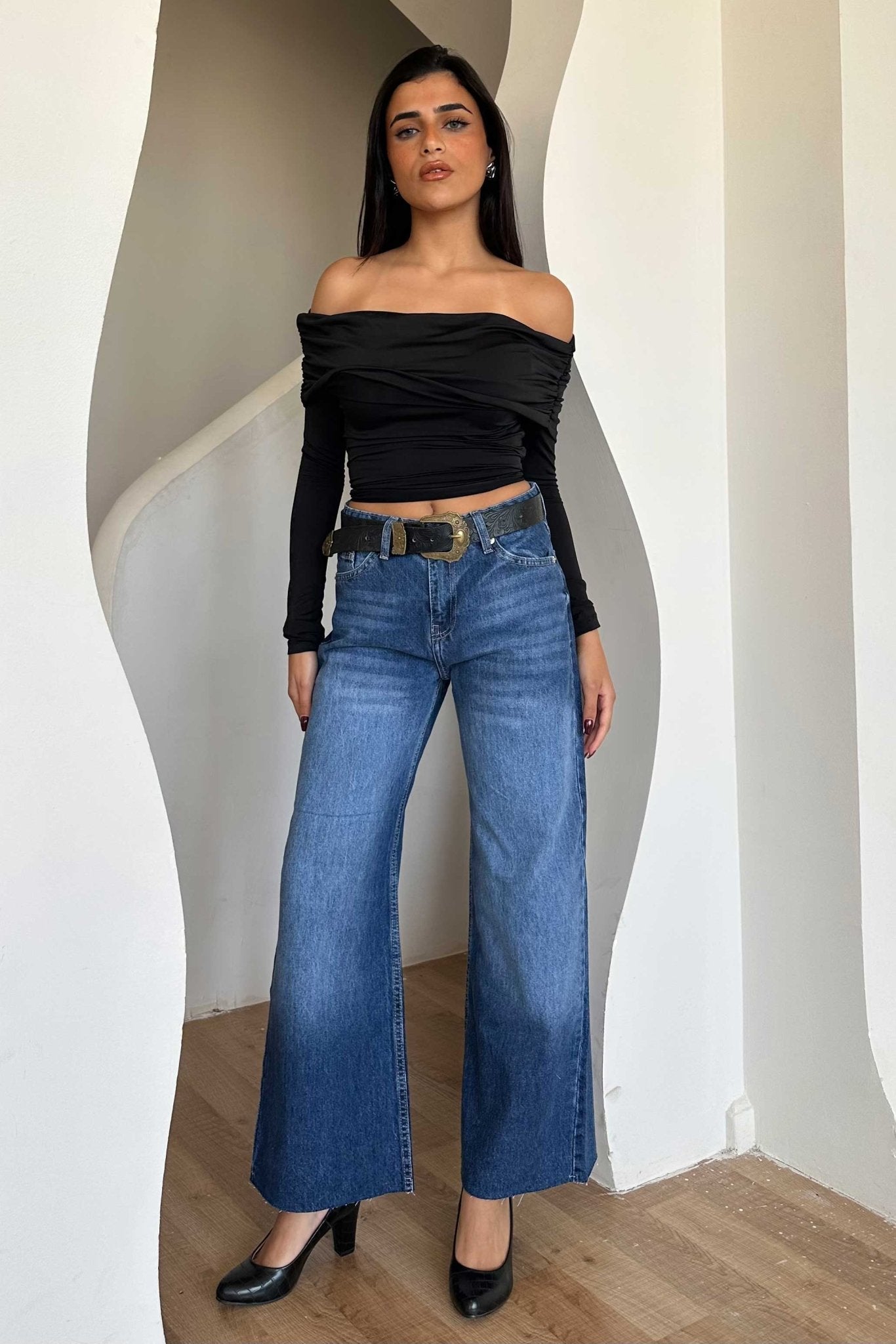 Cropped Wide Leg – Mid Rise Ocean Blue Jeans wide leg CIZARO - Cizaro Jeans