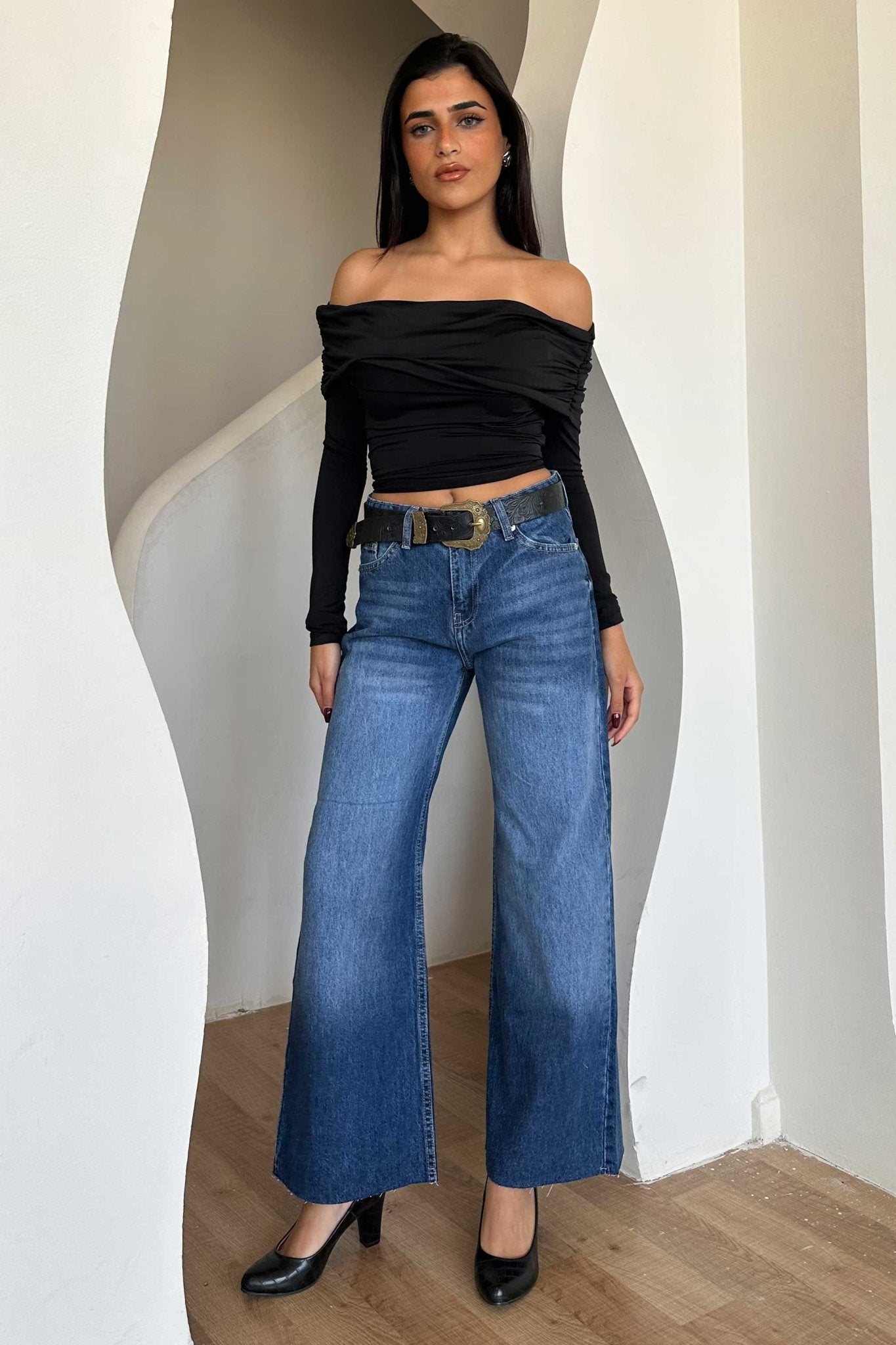 Cropped Wide Leg – Mid Rise Ocean Blue Jeans wide leg CIZARO - Cizaro Jeans