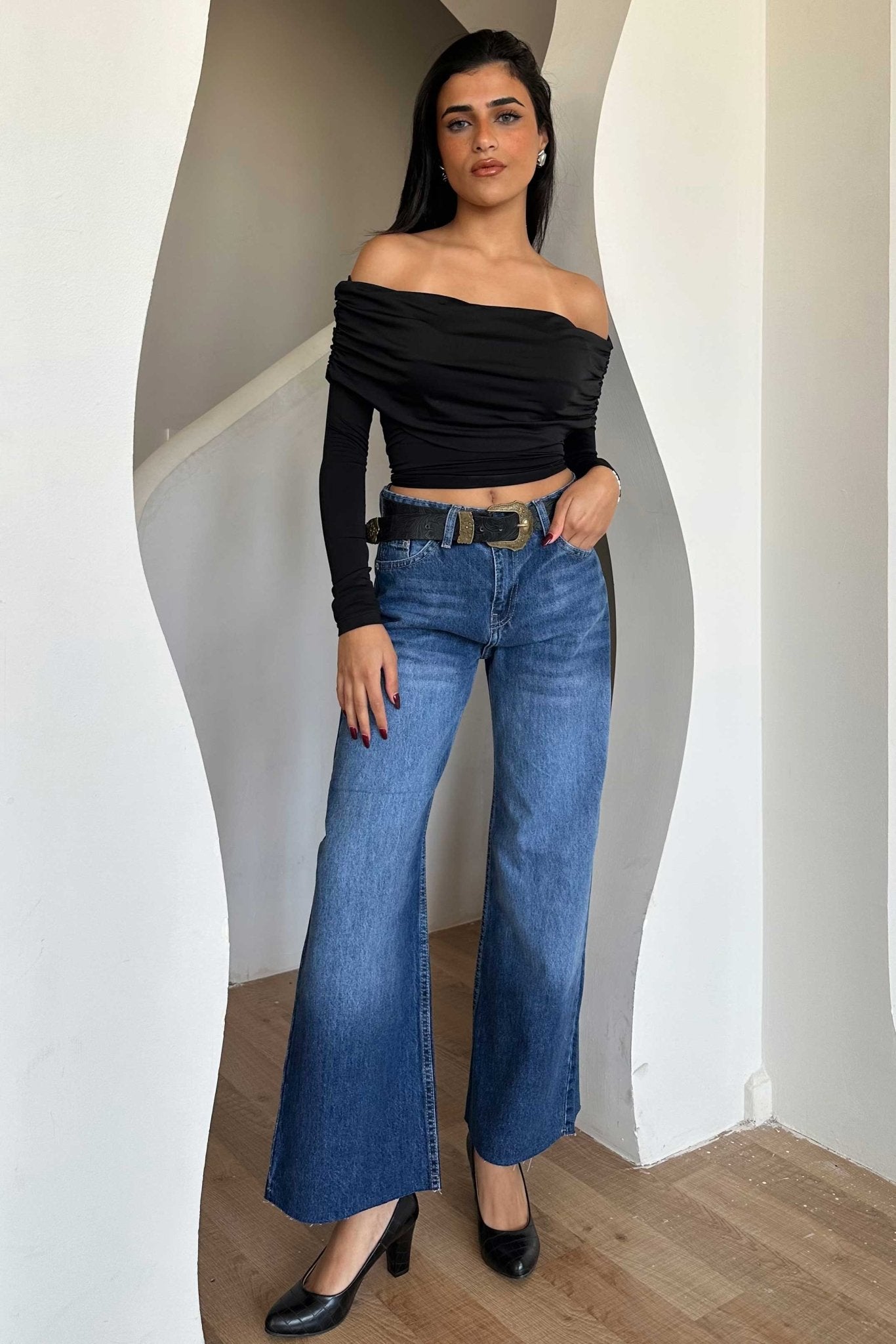 Cropped Wide Leg – Mid Rise Ocean Blue Jeans wide leg CIZARO - Cizaro Jeans