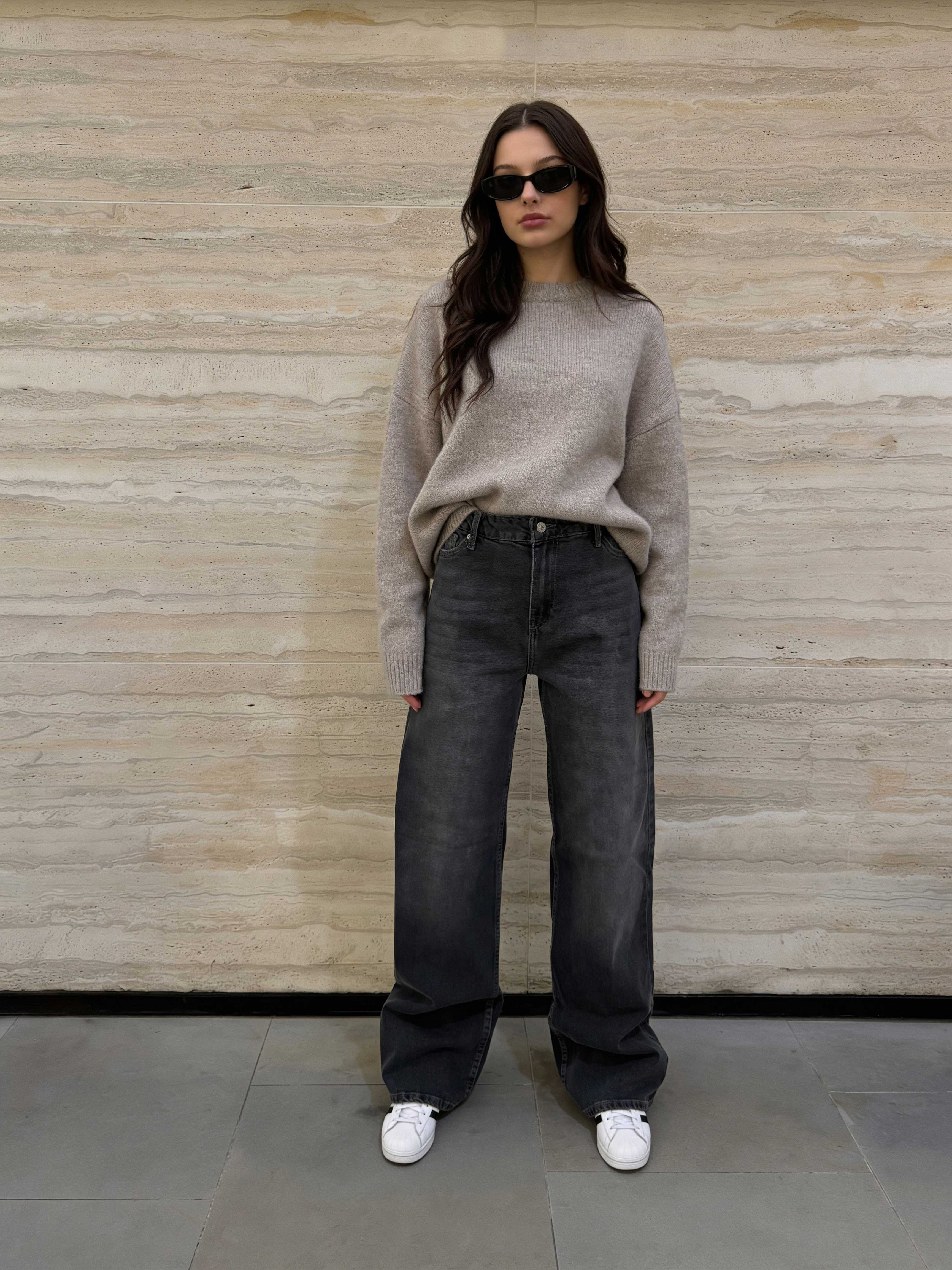 Wide-Leg – High-Waist Washed Black Jeans Wide Leg CIZARO - Cizaro Jeans