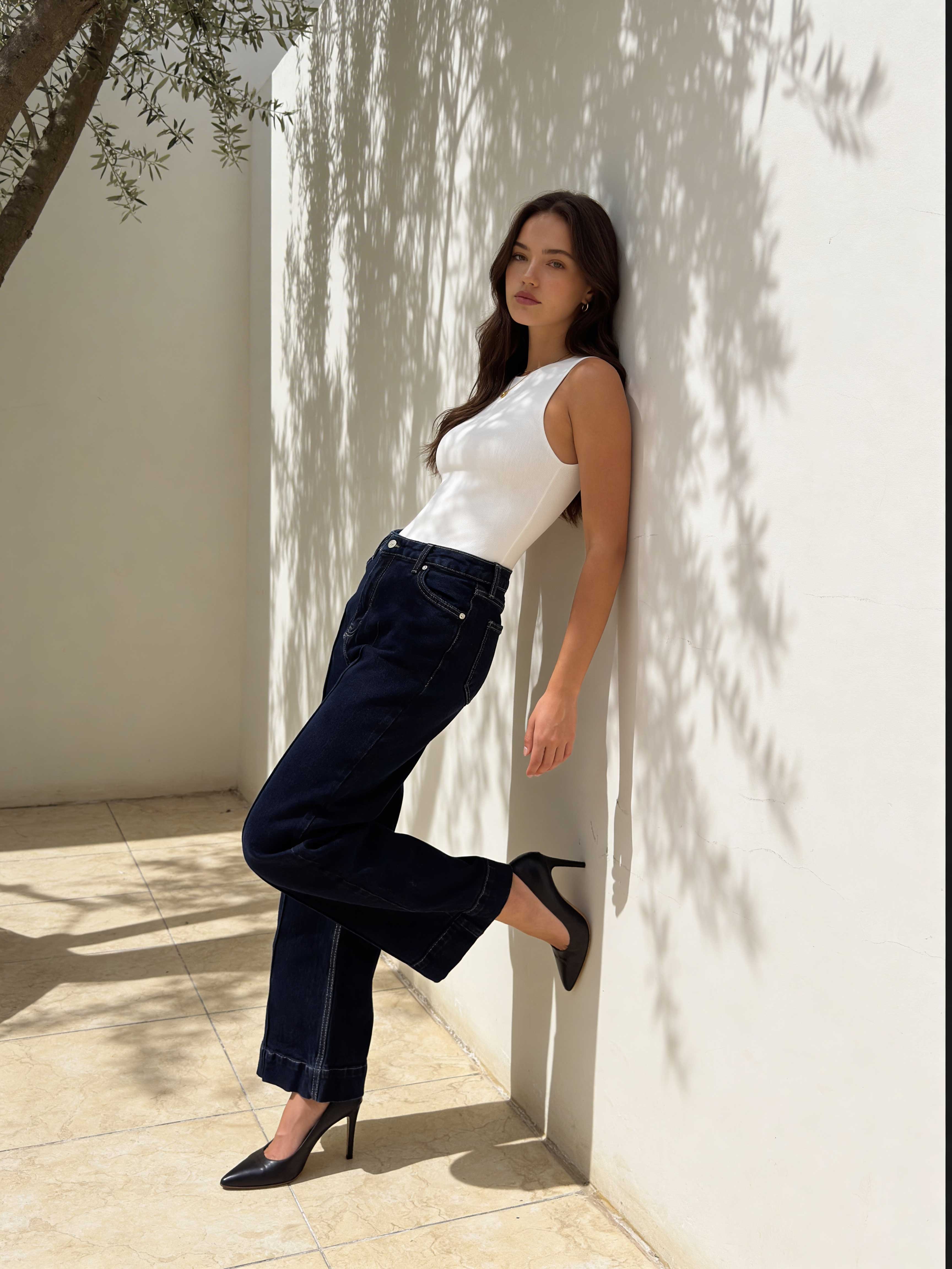 Cropped Wide-Leg High-Waist Deep Denim Jeans Wide Leg CIZARO - Cizaro Jeans