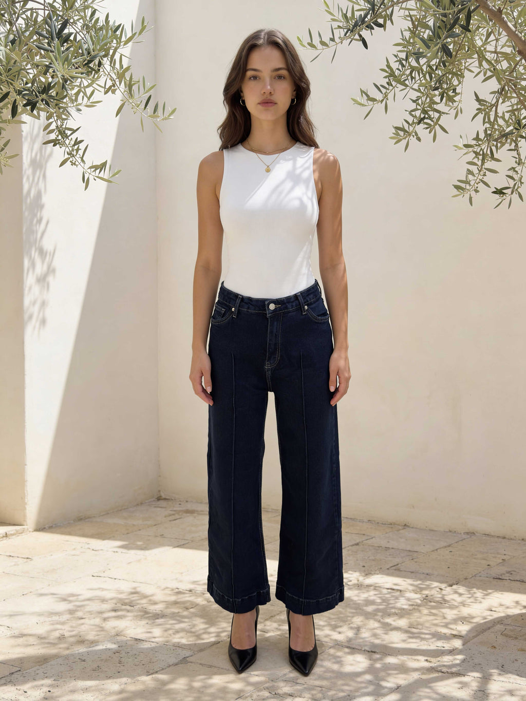 Cropped Wide-Leg High-Waist Deep Denim Jeans Wide Leg CIZARO - Cizaro Jeans