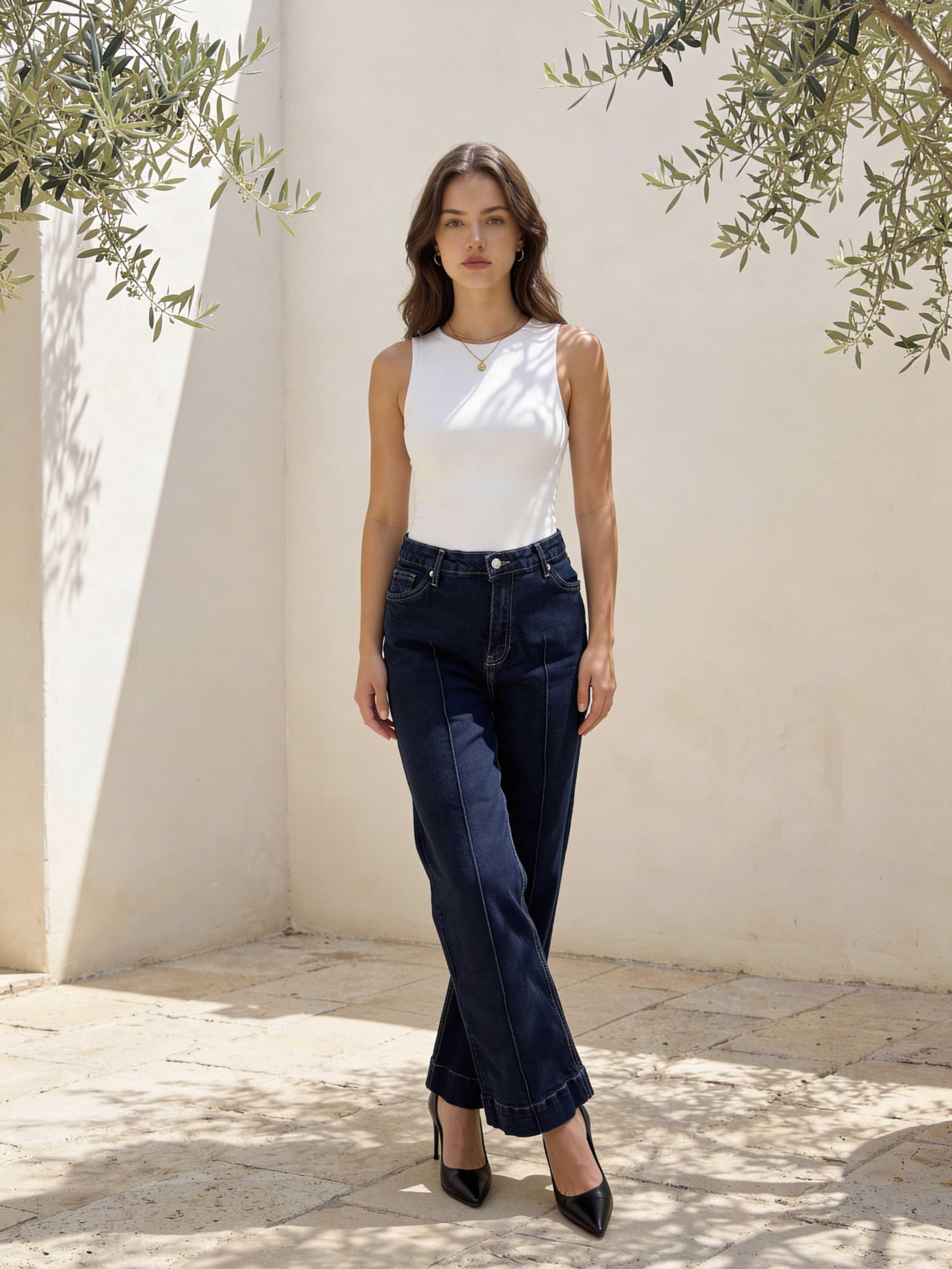 Cropped Wide-Leg High-Waist Deep Denim Jeans Wide Leg CIZARO - Cizaro Jeans