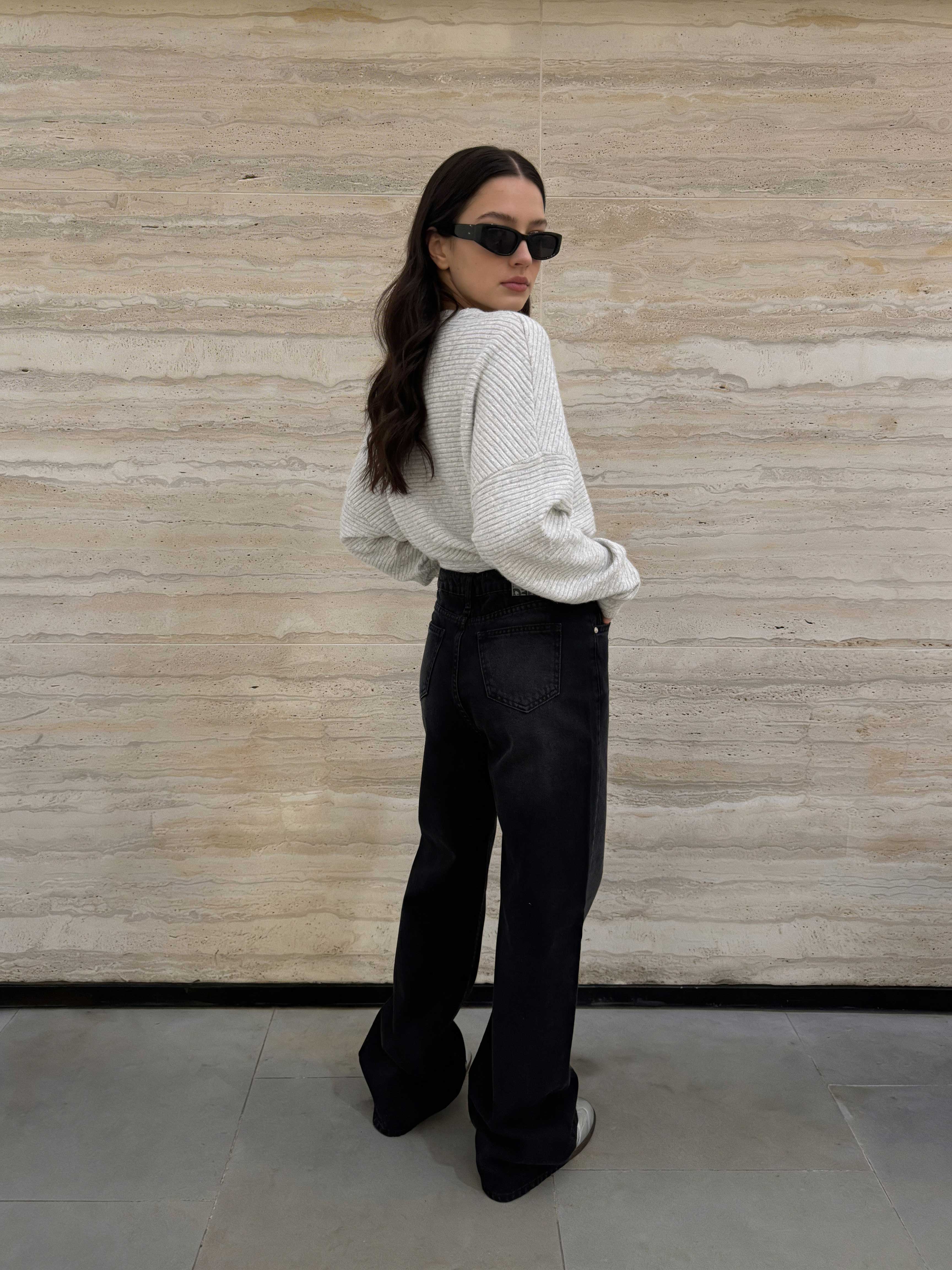 Crossover Wide-Leg – High-Waist Washed Black Jeans Wide Leg CIZARO - Cizaro Jeans