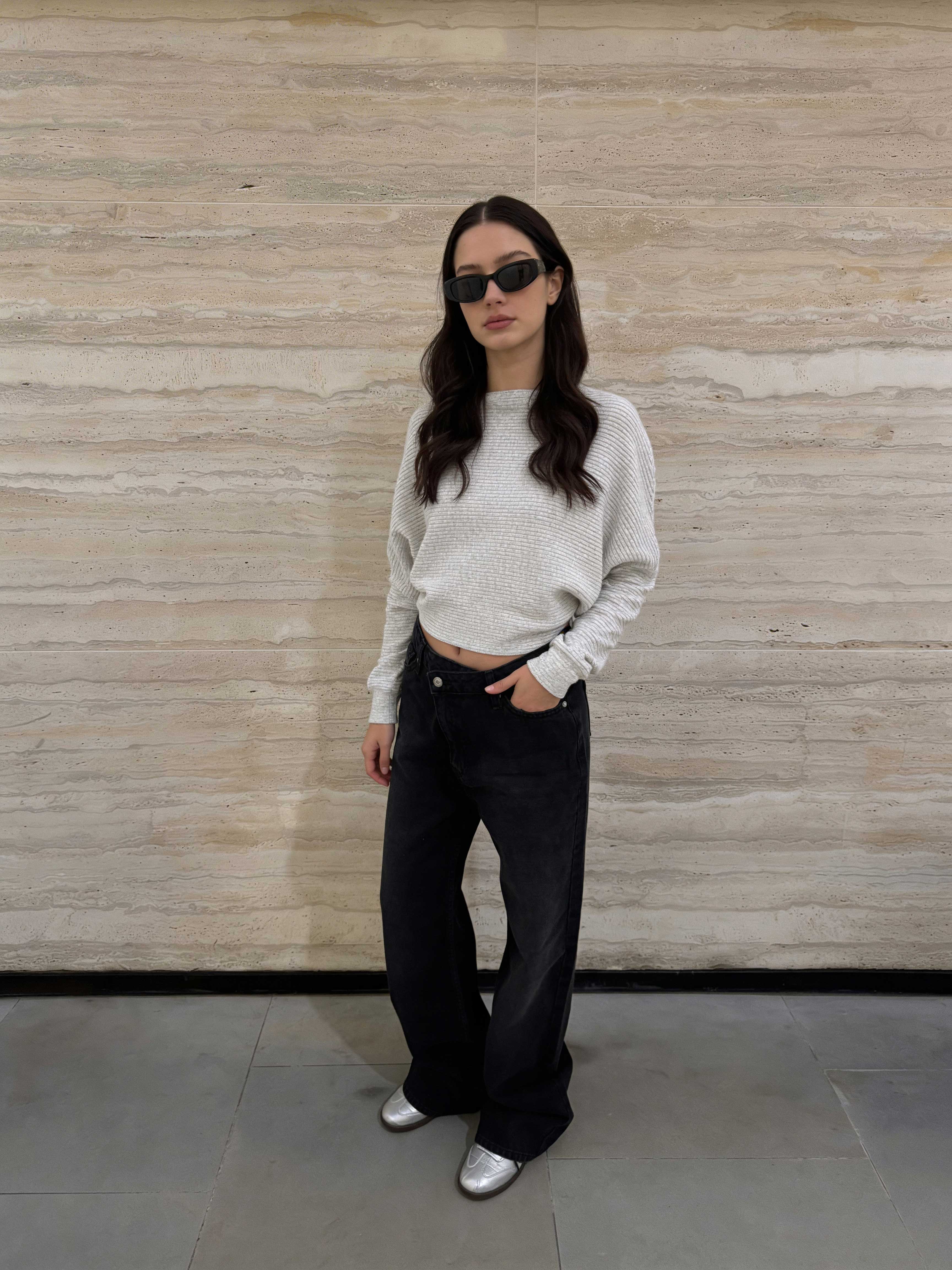 Crossover Wide-Leg – High-Waist Washed Black Jeans Wide Leg CIZARO - Cizaro Jeans