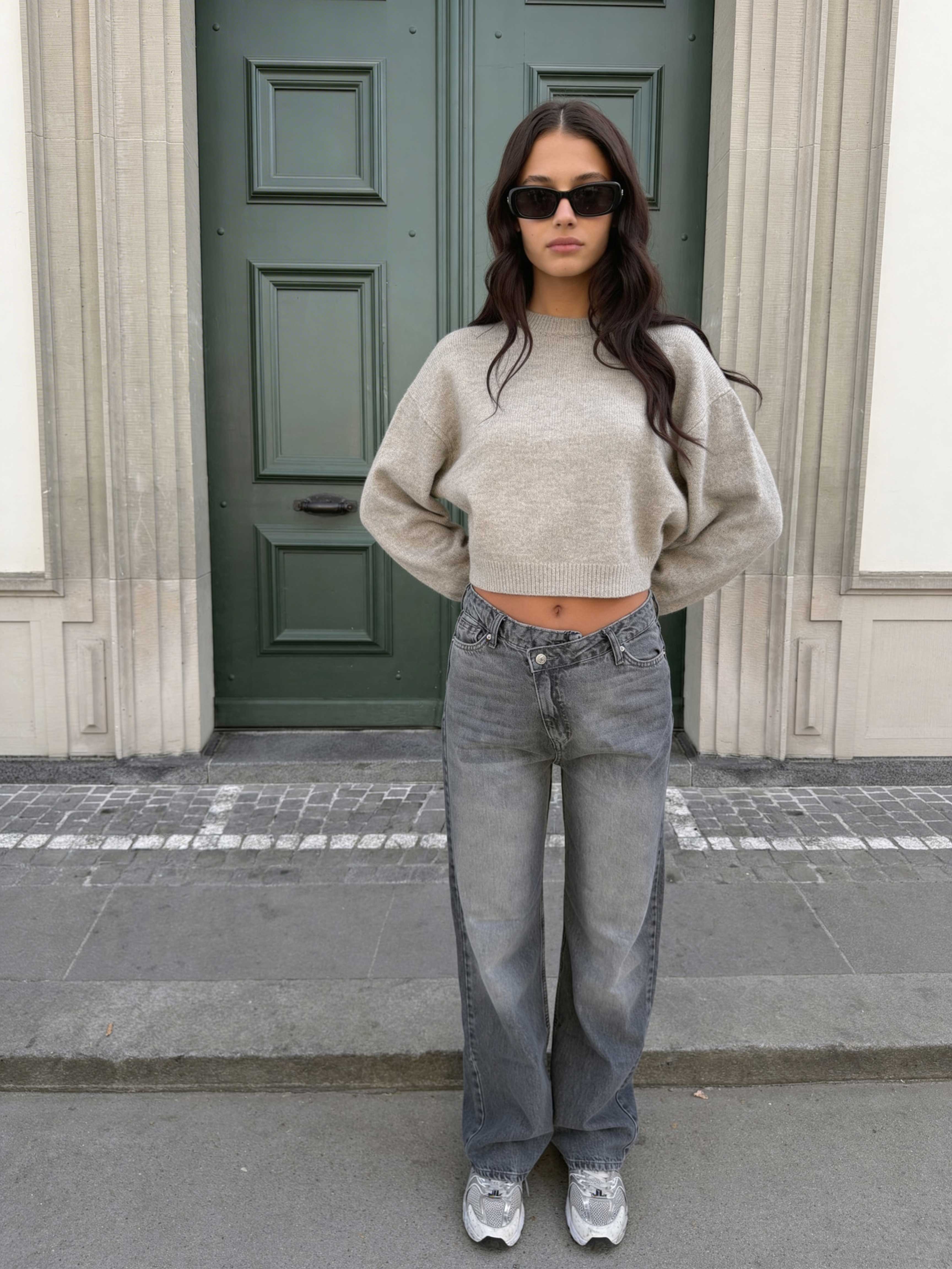 Crossover Wide leg High waist , Mid Acid Washed Grey jeans Wide Leg CIZARO - Cizaro Jeans