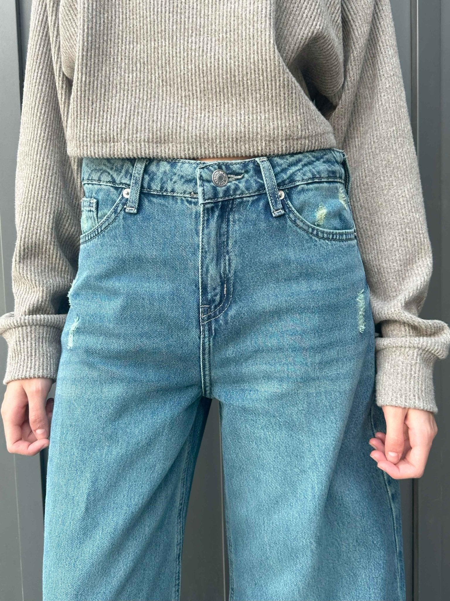 Extreme Wide Leg - Mid Vintage Blue Green Raw Hems Jeans. Wide Leg CIZARO    - Cizaro Jeans