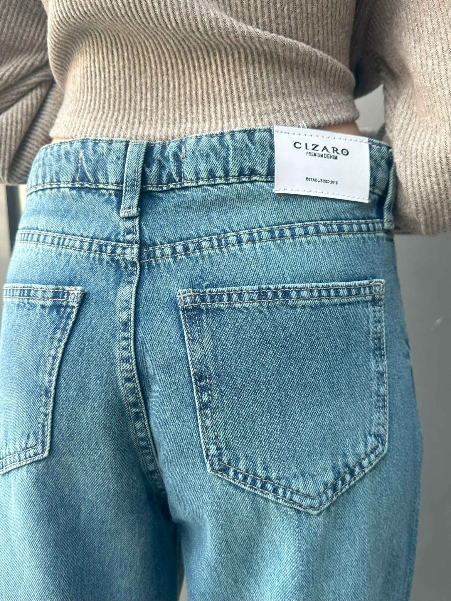 Extreme Wide Leg - Mid Vintage Blue Green Raw Hems Jeans. Wide Leg CIZARO    - Cizaro Jeans