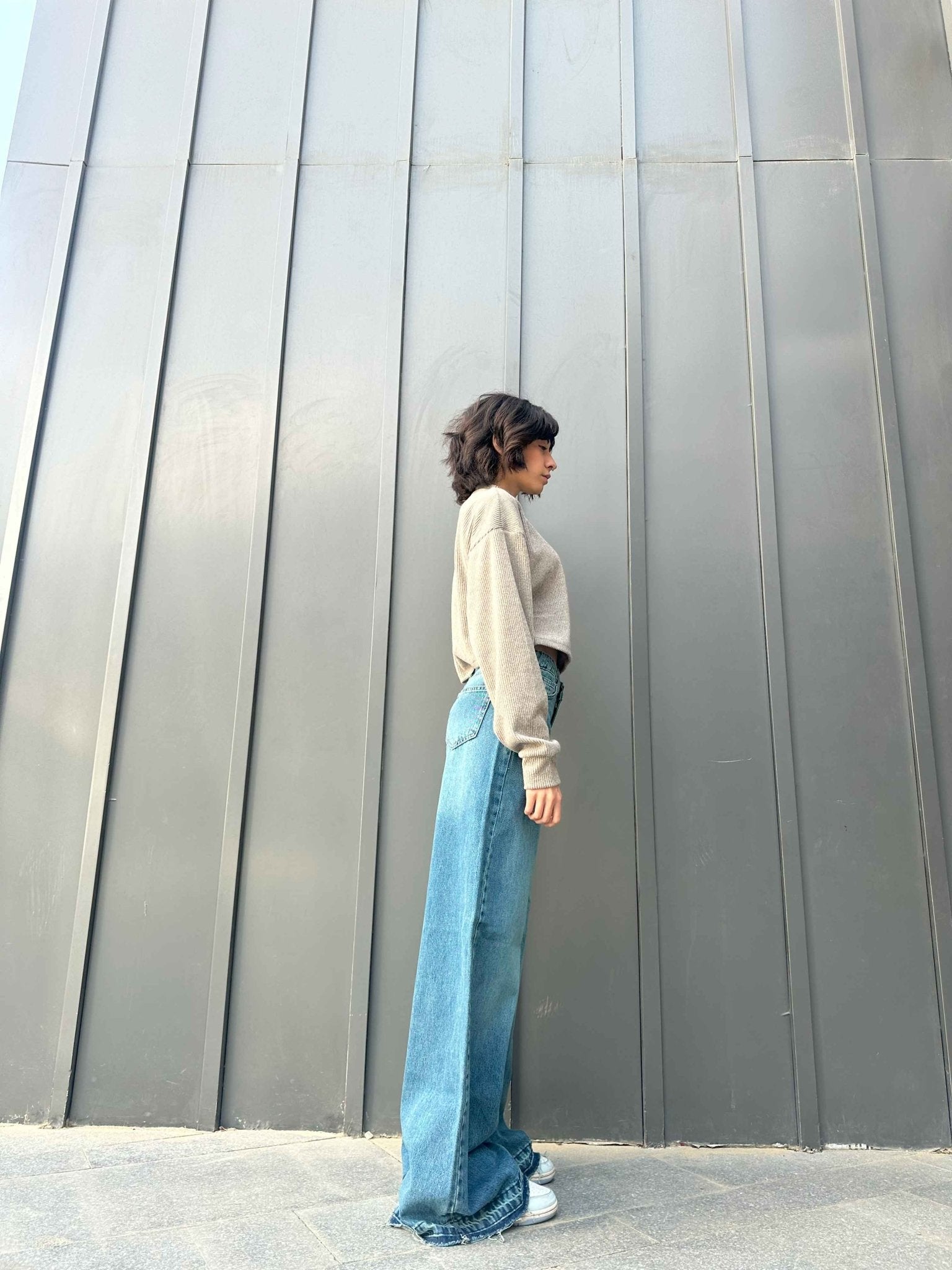 Extreme Wide Leg - Mid Vintage Blue Green Raw Hems Jeans. Wide-Leg CIZARO - Cizaro Jeans