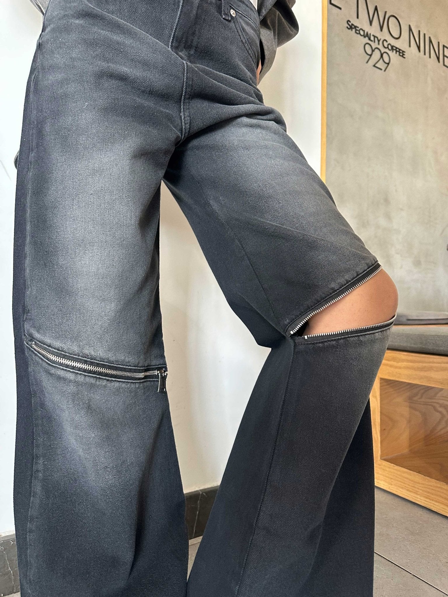 Zipper Knee Wide Leg - Charcoal Black Washed Wide Leg CIZARO - Cizaro Jeans