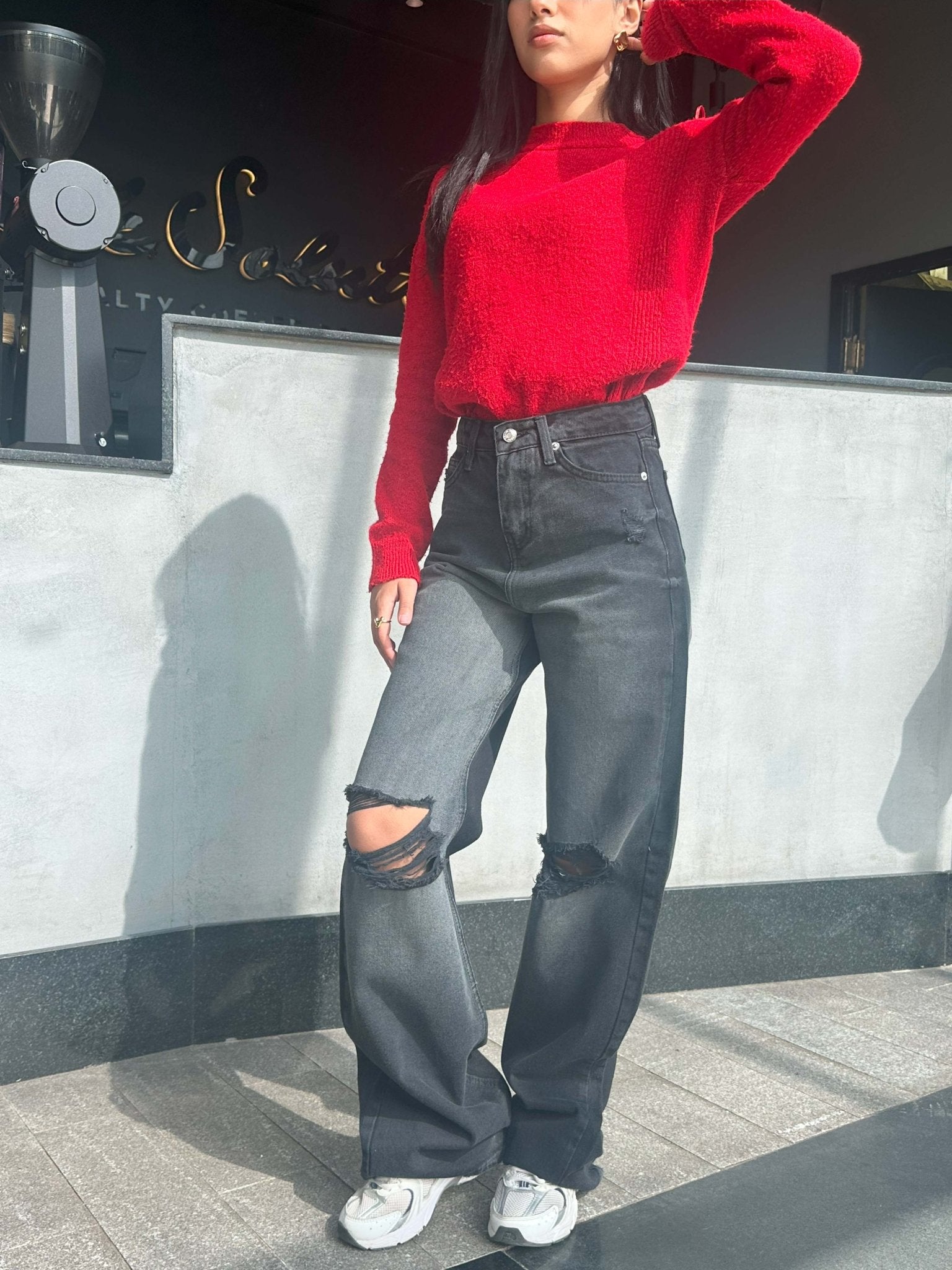 Ripped Wide-Leg Jeans - Black Charcoal Wide-Leg Jeans CIZARO - Cizaro Jeans