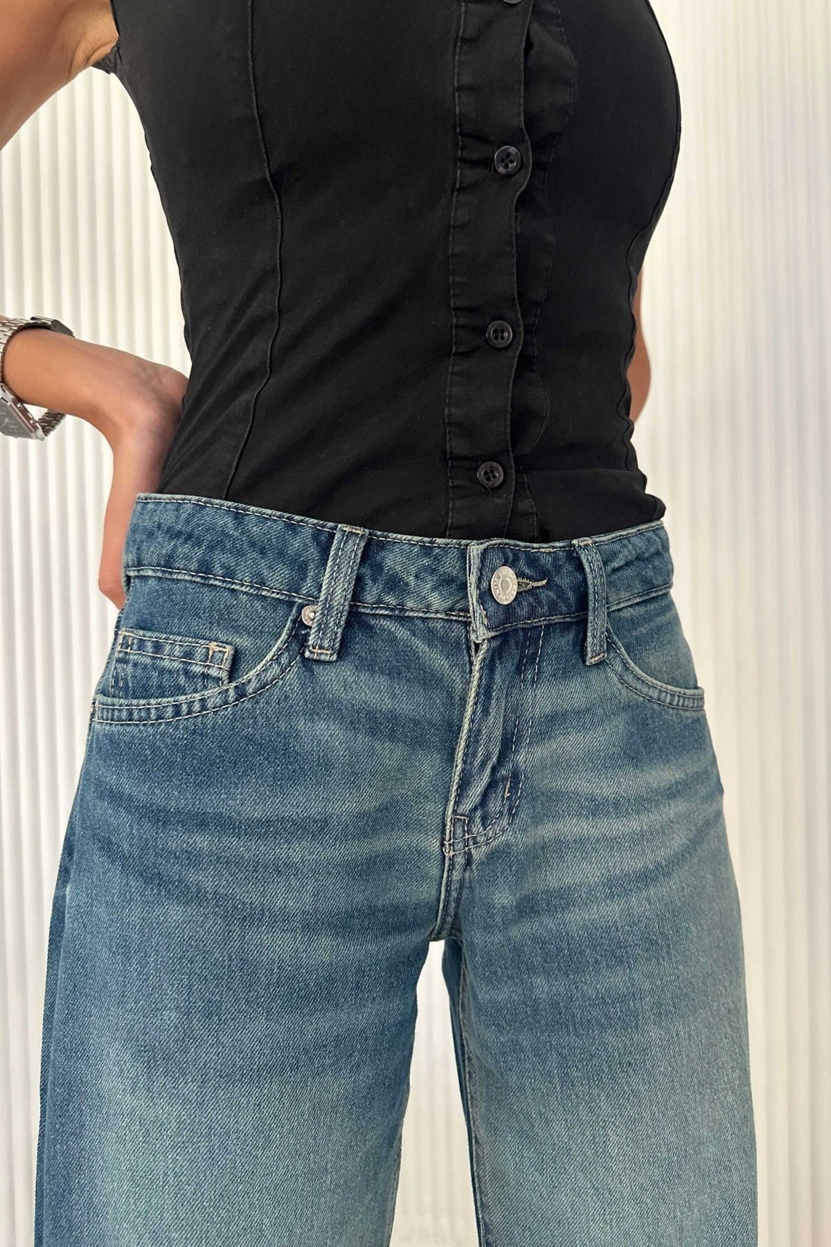 Wide-Leg - Ultra Low-Waist Deep Vintage Blue Jeans Wide-Leg CIZARO - Cizaro Jeans