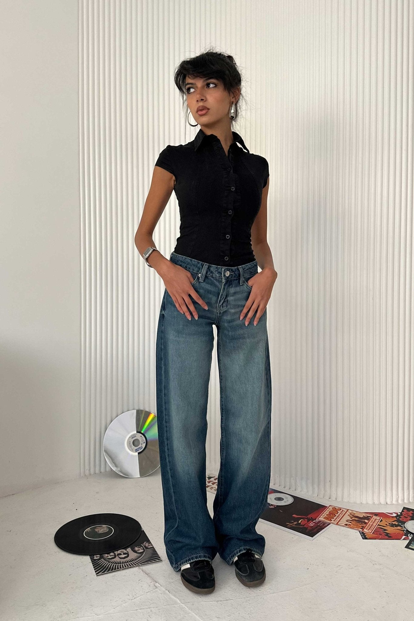 Wide-Leg - Ultra Low-Waist Deep Vintage Blue Jeans Wide-Leg CIZARO - Cizaro Jeans