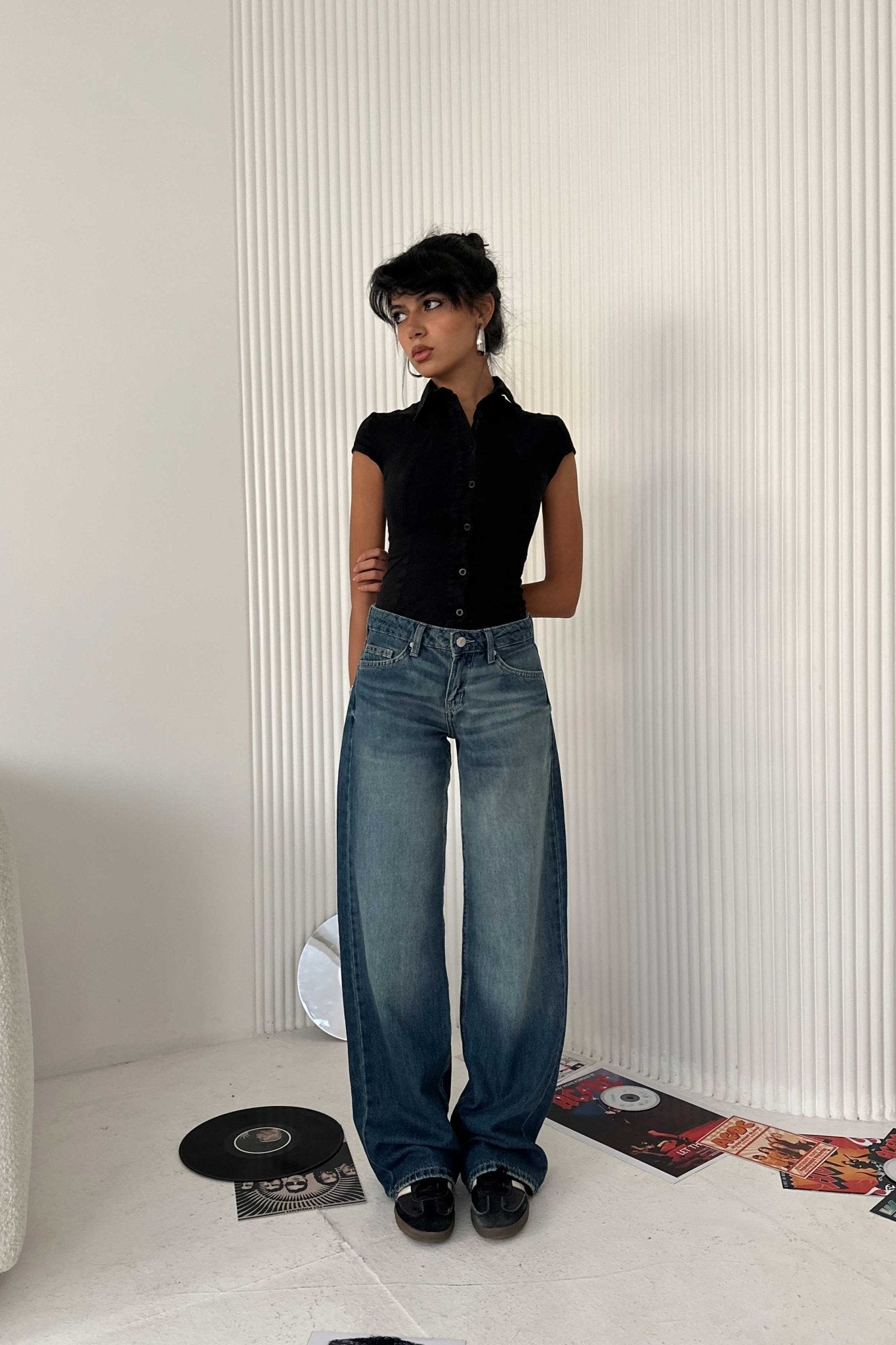 Wide-Leg - Ultra Low-Waist Deep Vintage Blue Jeans Wide-Leg CIZARO - Cizaro Jeans