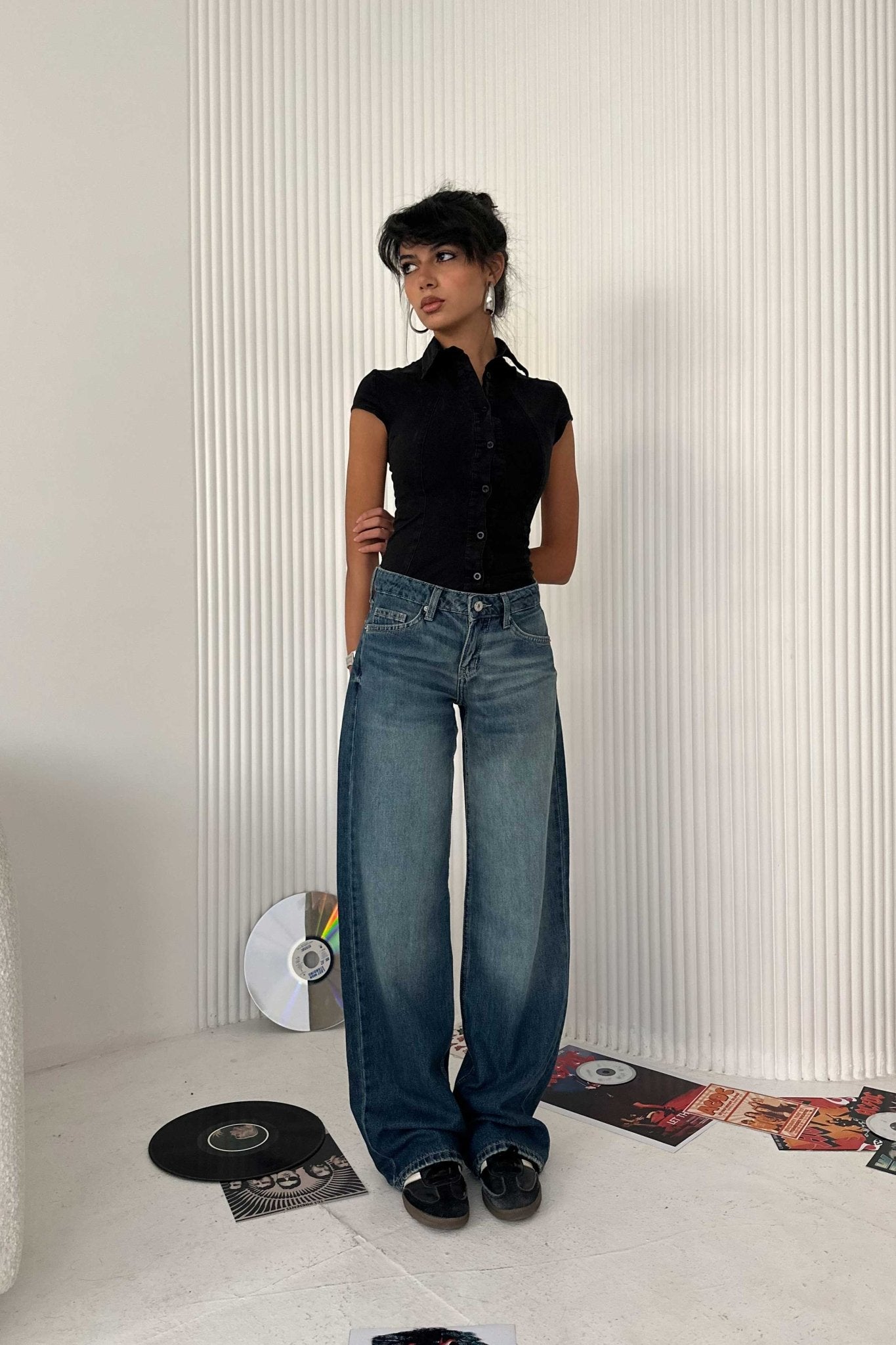 Wide-Leg - Ultra Low-Waist Deep Vintage Blue Jeans Wide-Leg CIZARO - Cizaro Jeans