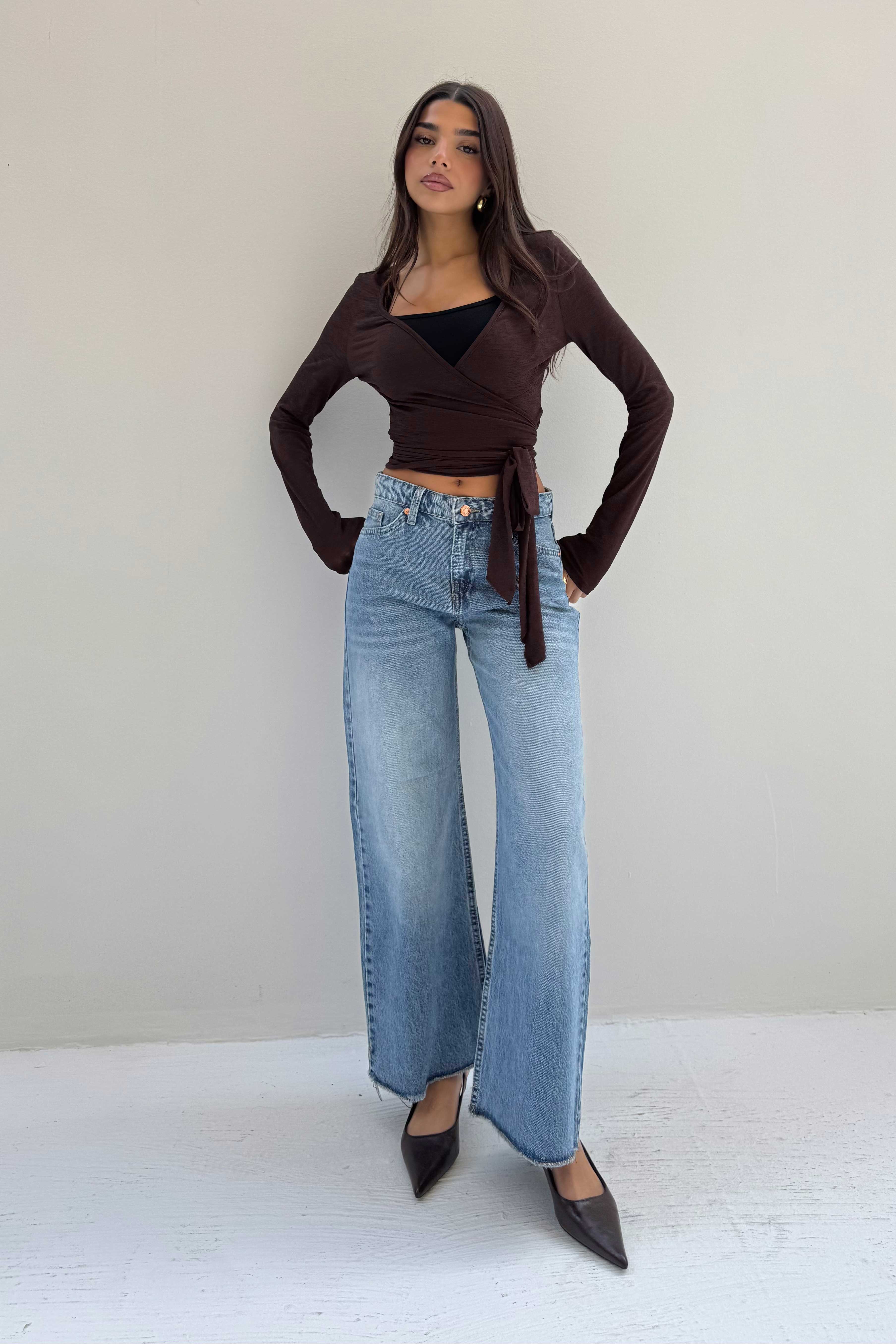 Wide-Leg – Mid-Waist Marine Blue Raw Hem Cropped Jeans Wide leg CIZARO - Cizaro Jeans