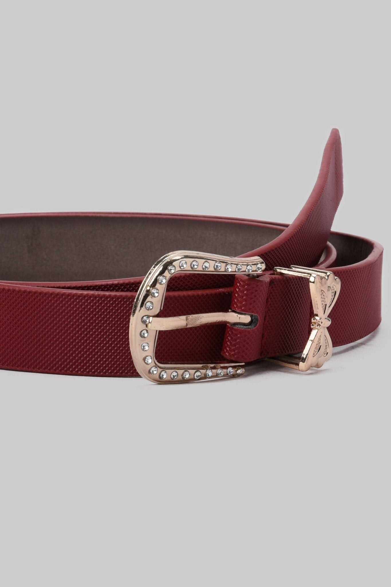 Belt | Wine Red Textured Faux Leather Belt with Crystal Buckle and Butterfly Loop Belt CZBELT - Cizaro Jeans