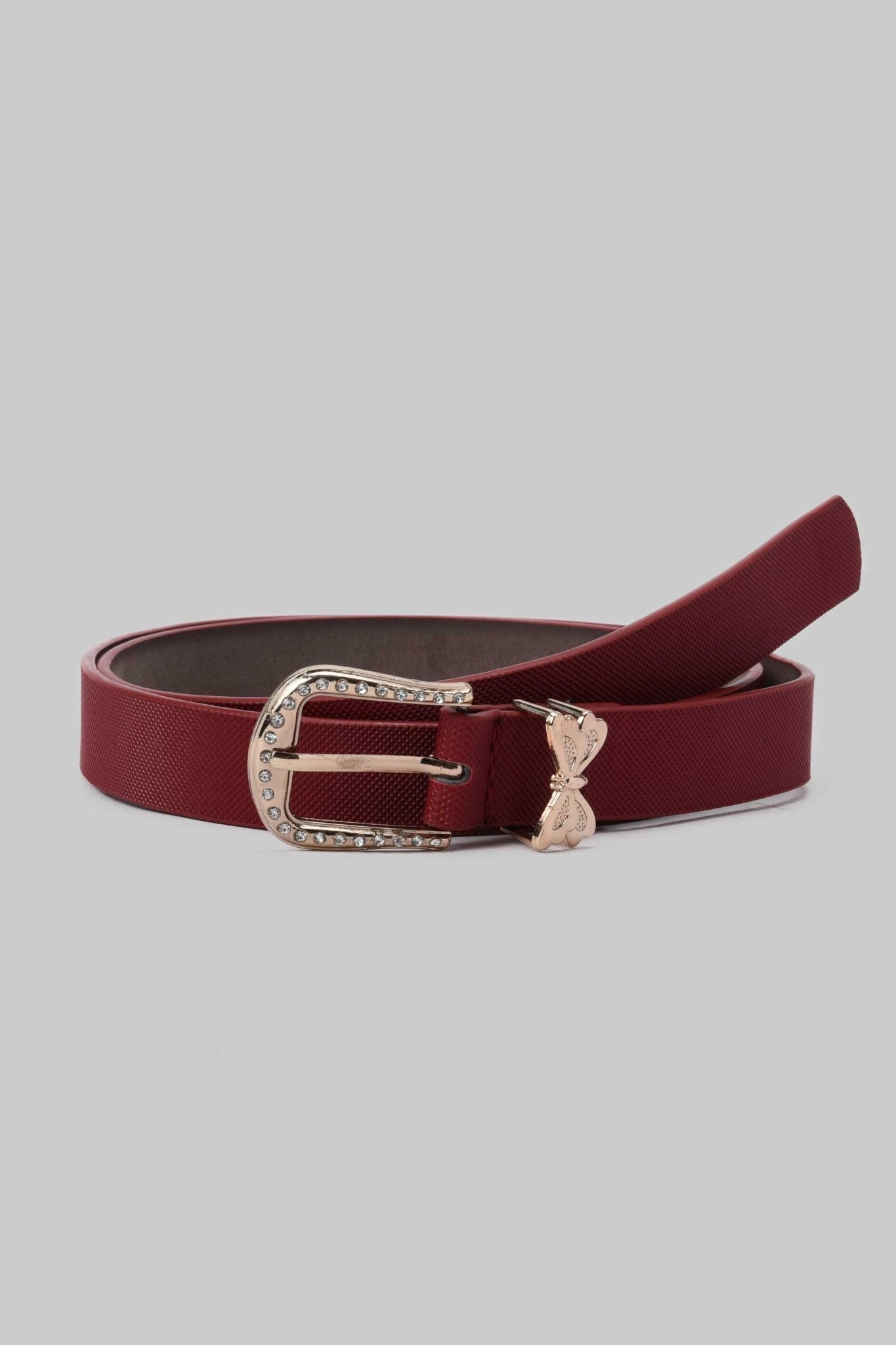 Belt | Wine Red Textured Faux Leather Belt with Crystal Buckle and Butterfly Loop Belt CZBELT - Cizaro Jeans