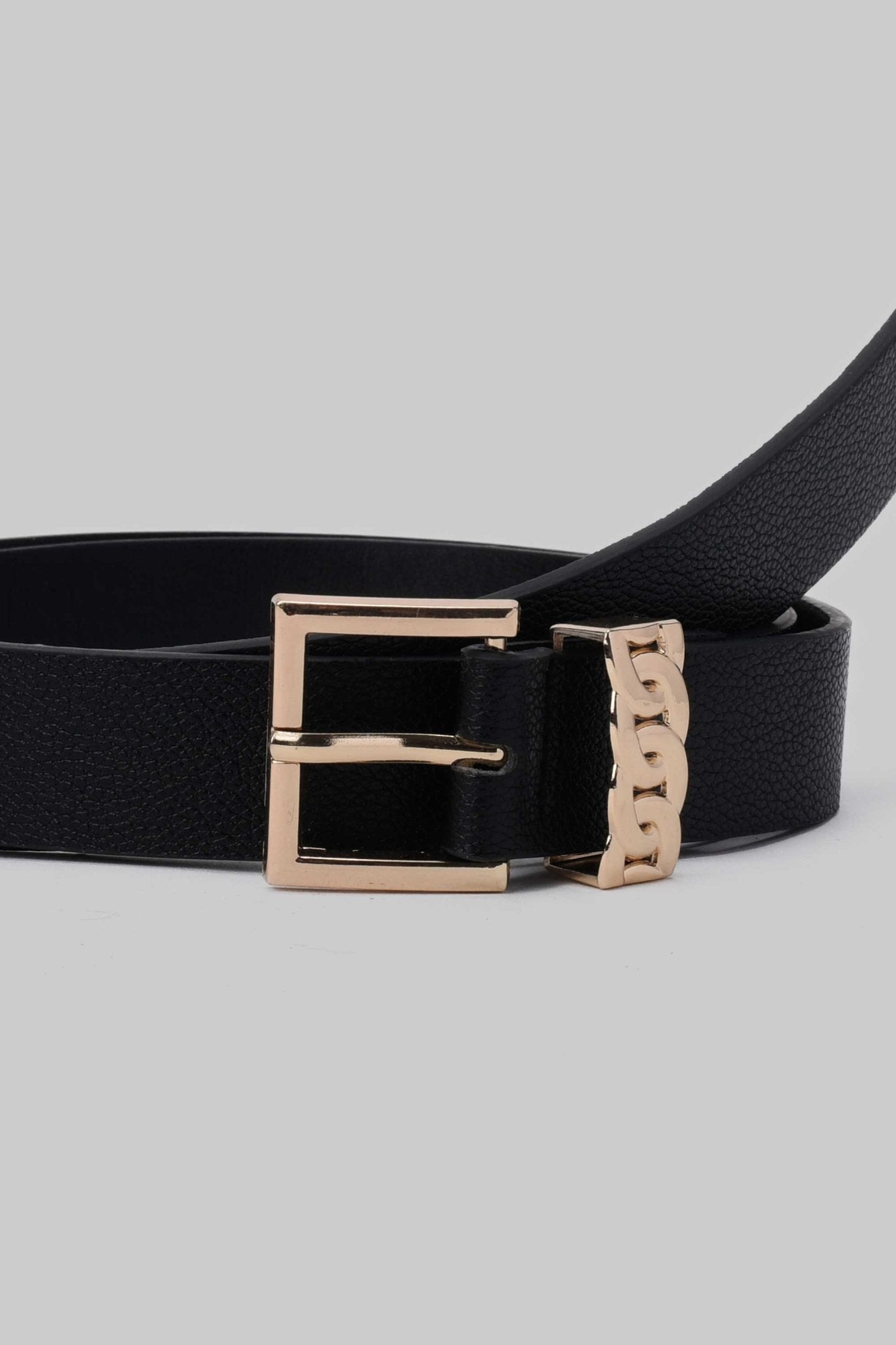 Belt | Black Chain Accent Buckle Faux Leather Belt Belt CZBELT - Cizaro Jeans
