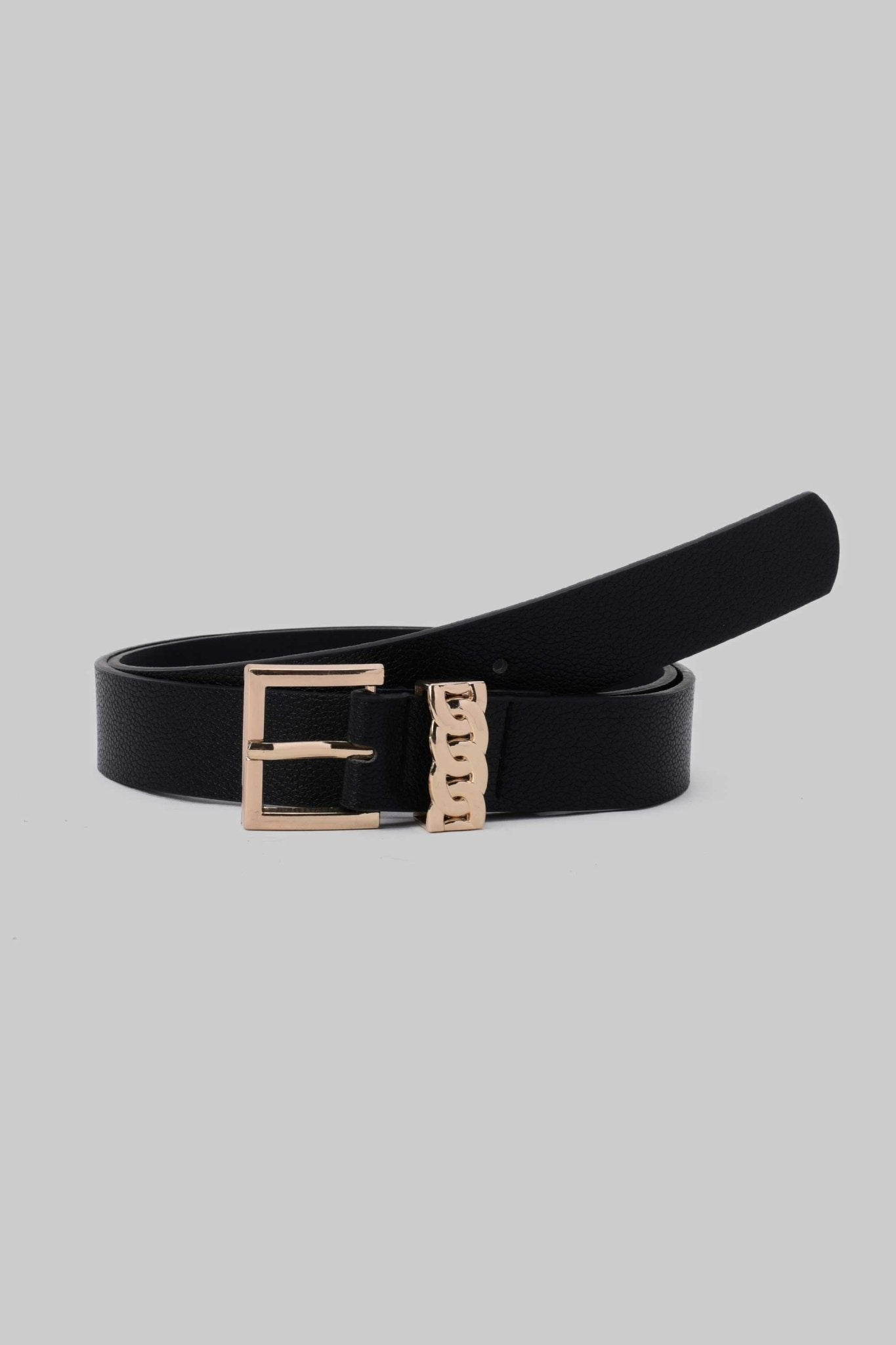 Belt | Black Chain Accent Buckle Faux Leather Belt Belt CZBELT - Cizaro Jeans