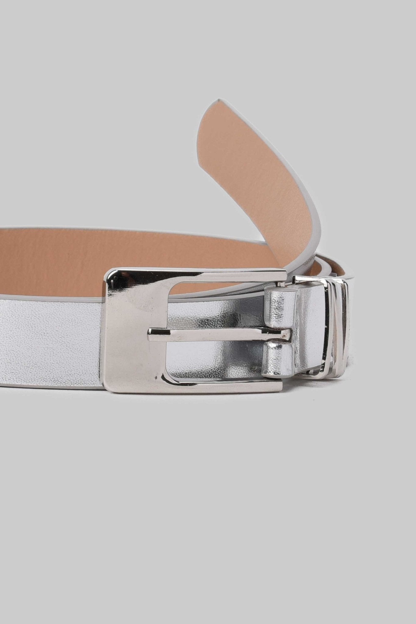 Belt | Metallic Silver Faux Leather Belt with Square Buckle Belt CZBELT - Cizaro Jeans