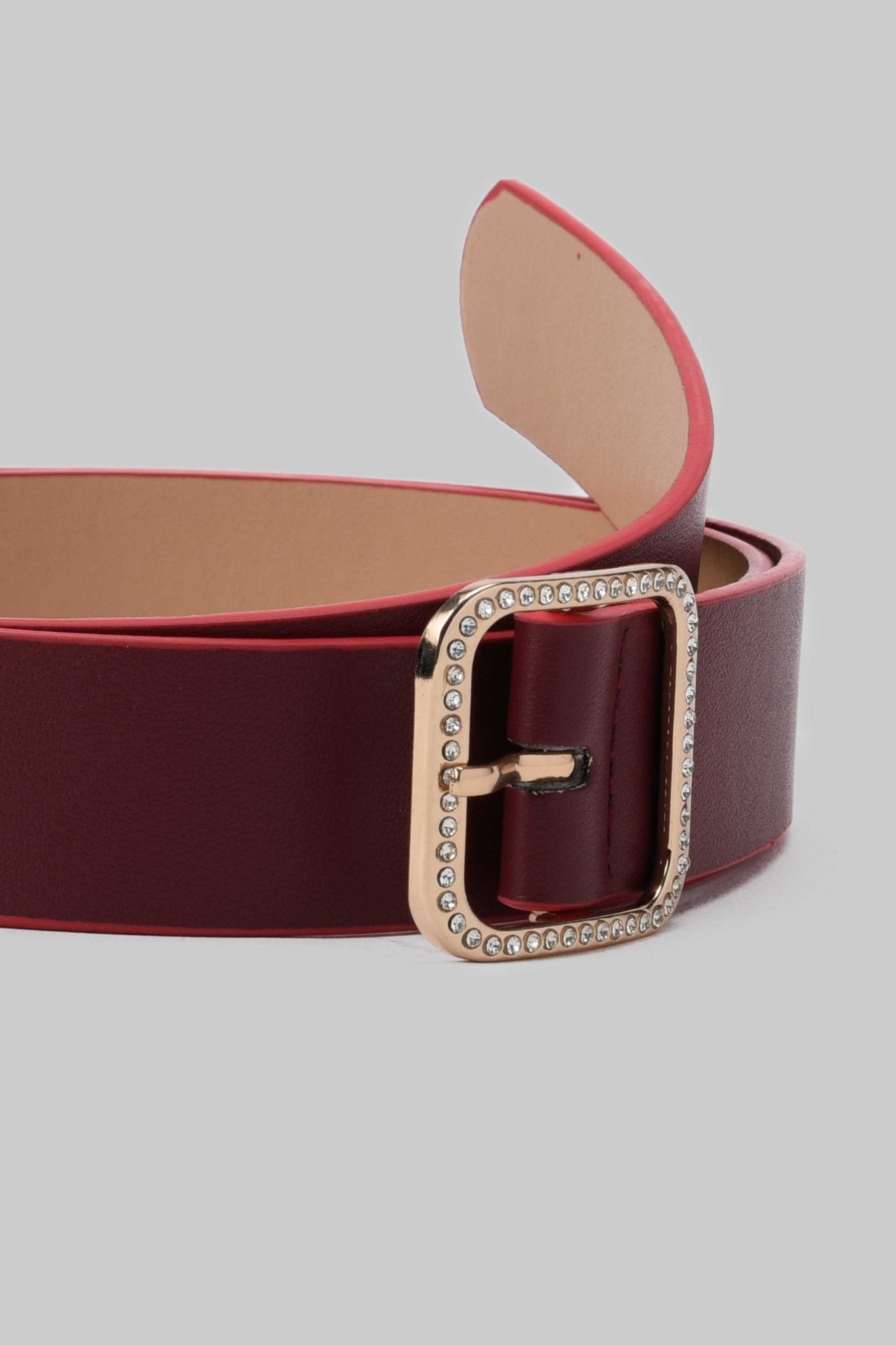 Belt | Wine Red Faux Leather Belt with Crystal-Studded Square Buckle Belt CZBELT - Cizaro Jeans