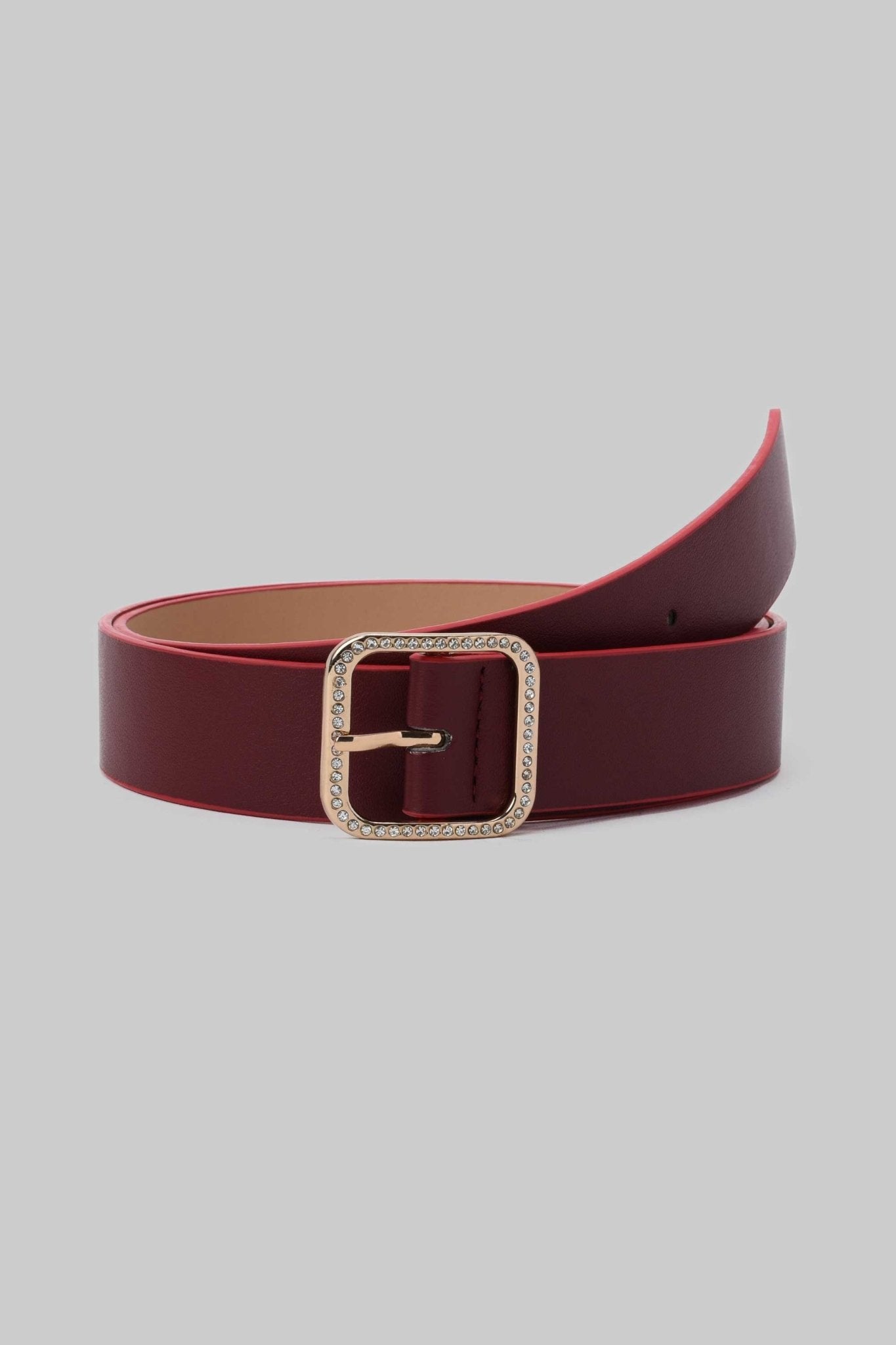Belt | Wine Red Faux Leather Belt with Crystal-Studded Square Buckle Belt CZBELT - Cizaro Jeans