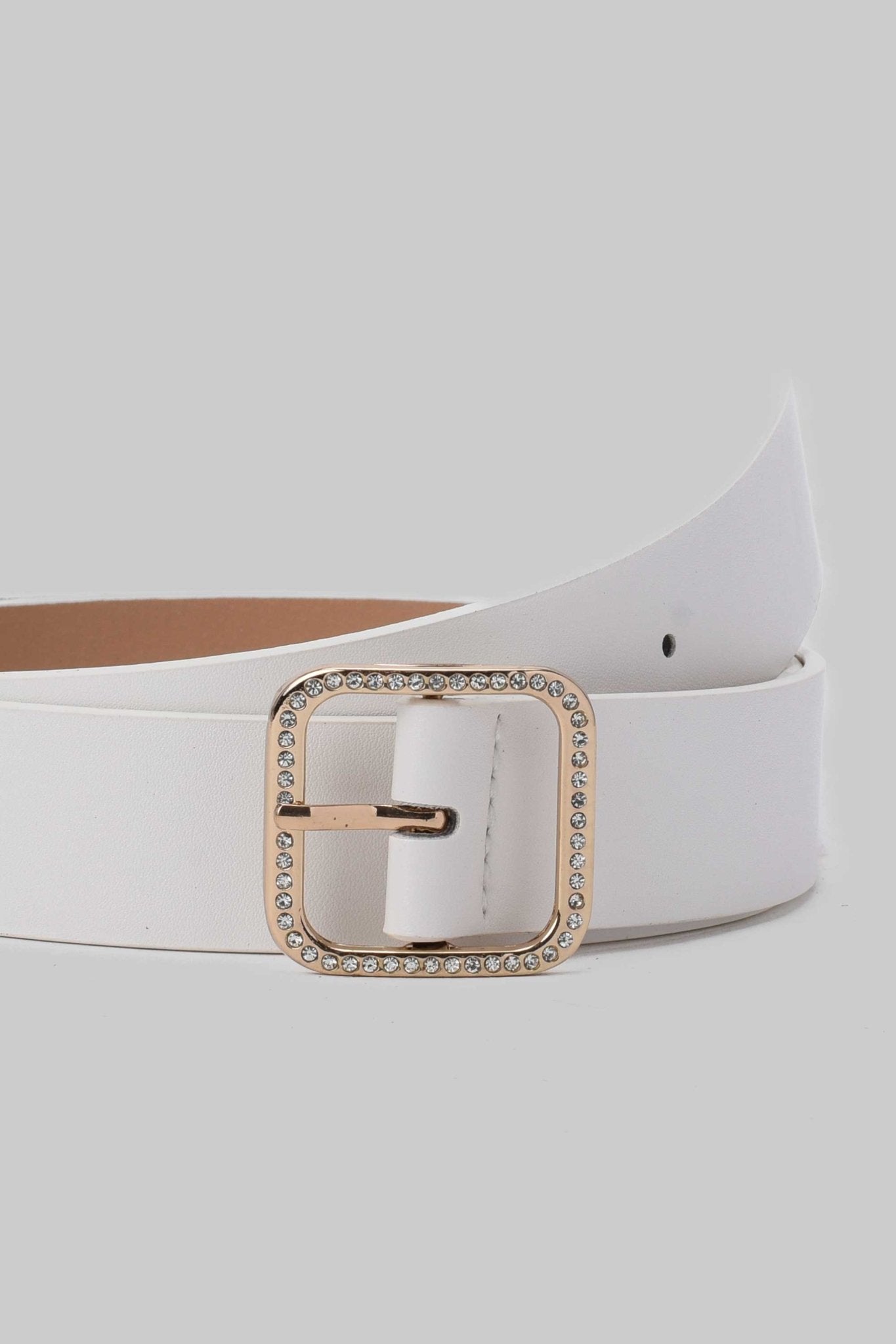 Belt | White Crystal Buckle Faux Leather Belt Belt CZBELT - Cizaro Jeans