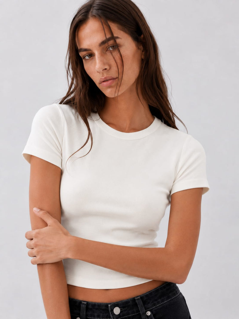 Basic Short Sleeve Off White Top Basic Top CIZARO - Cizaro Jeans