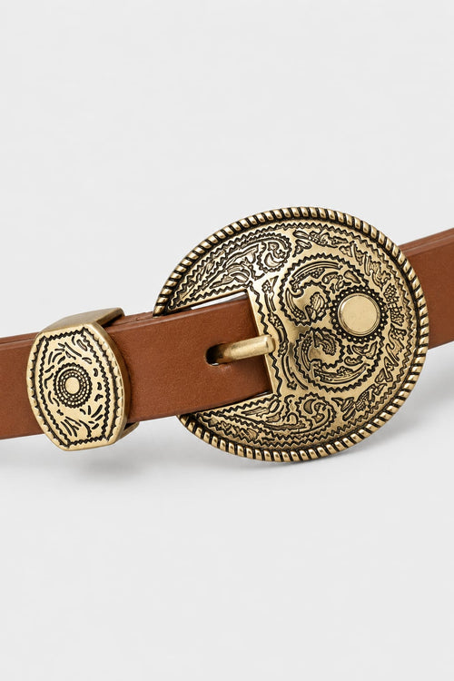 Honey Western Belt with Ornate Gold Buckle