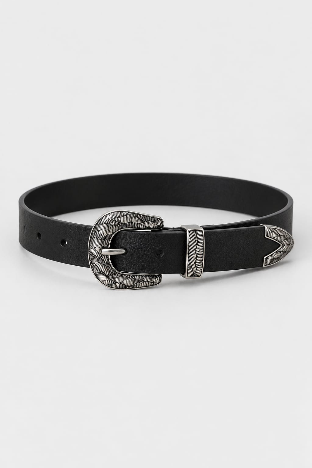 Black Western Belt with Engraved Antique Silver Hardware