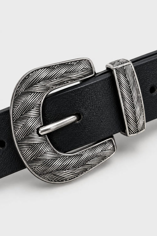 Black Western Belt with Engraved Antique Silver Hardware
