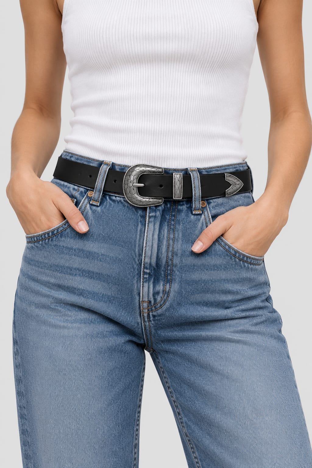 Black Western Belt with Engraved Antique Silver Hardware