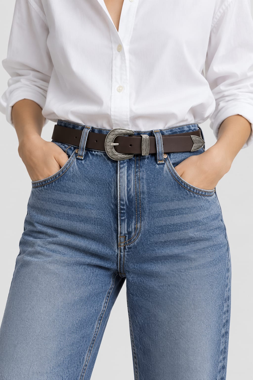 Belt | Dark Brown Western Engraved Antique Silver Hardware