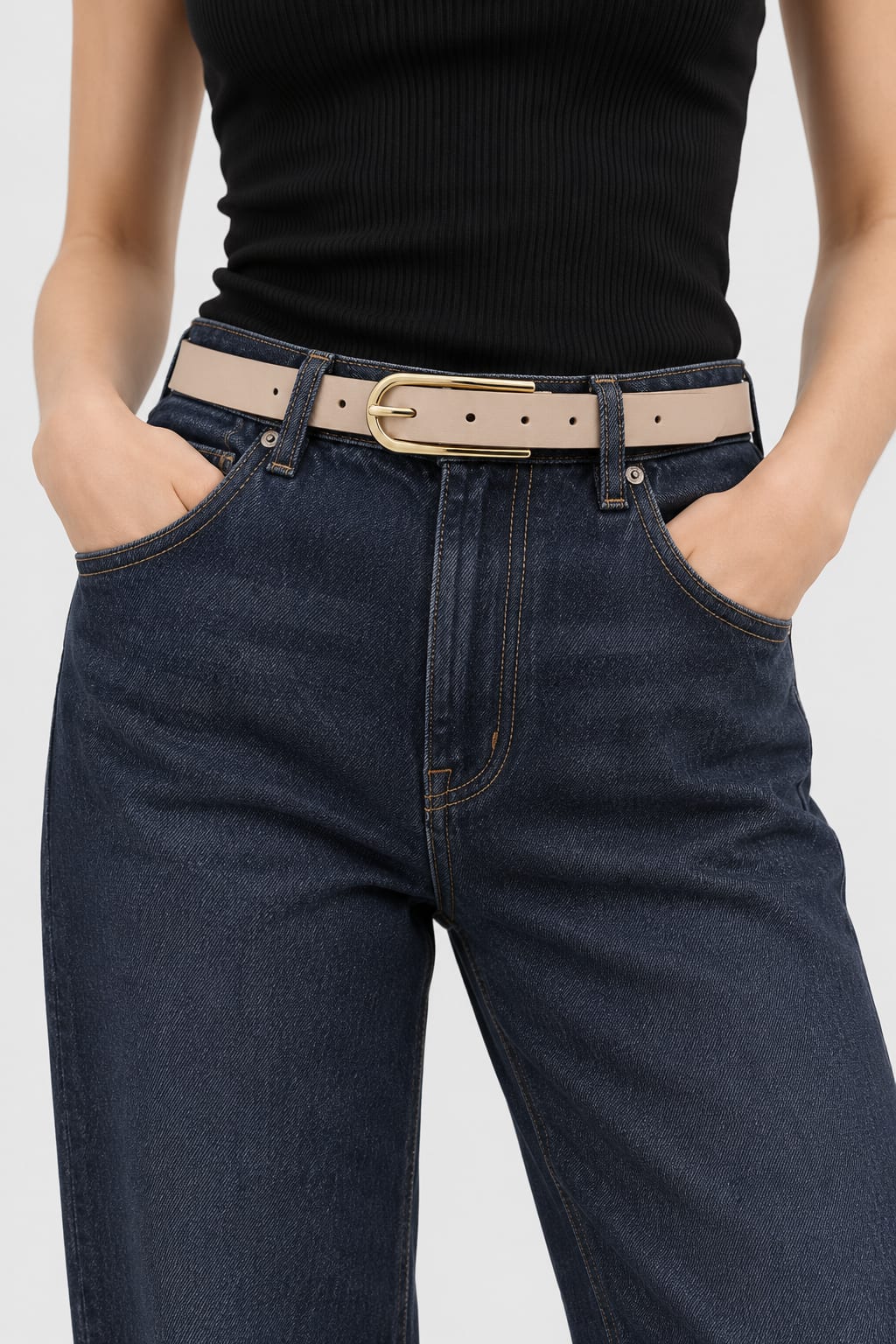 Belt | Beige Slim Gold-Buckle