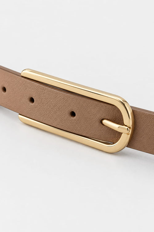 Camel Slim Belt with Elongated Gold Buckle