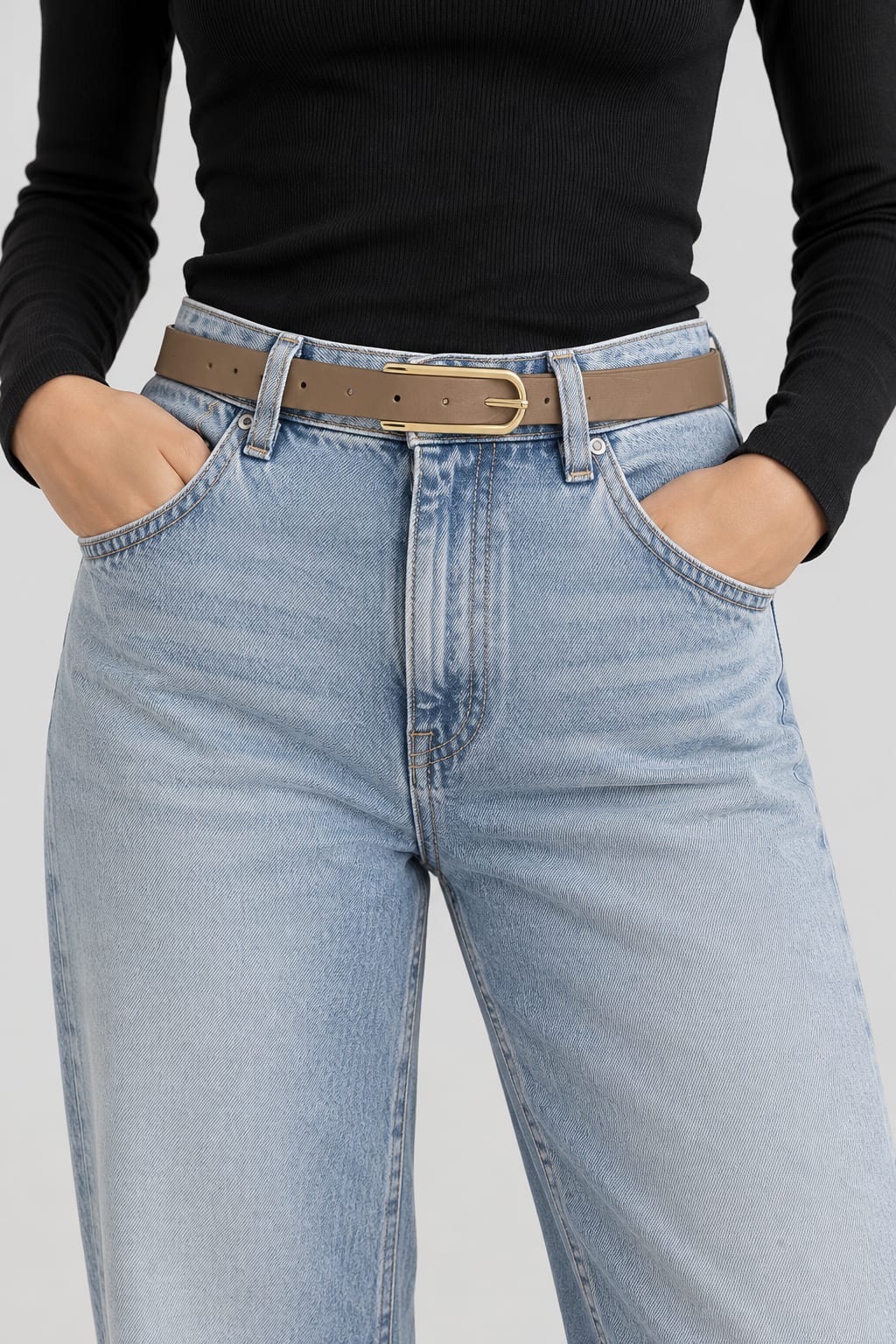 Camel Slim Belt with Elongated Gold Buckle