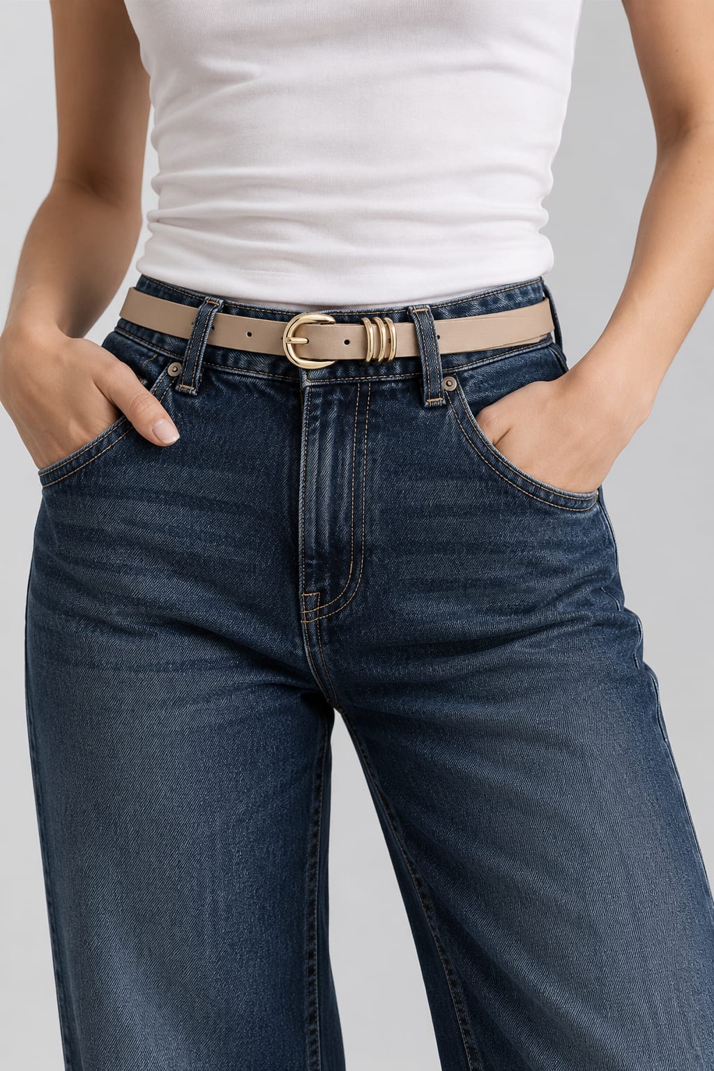 Camel Slim Belt with Gold Round Buckle