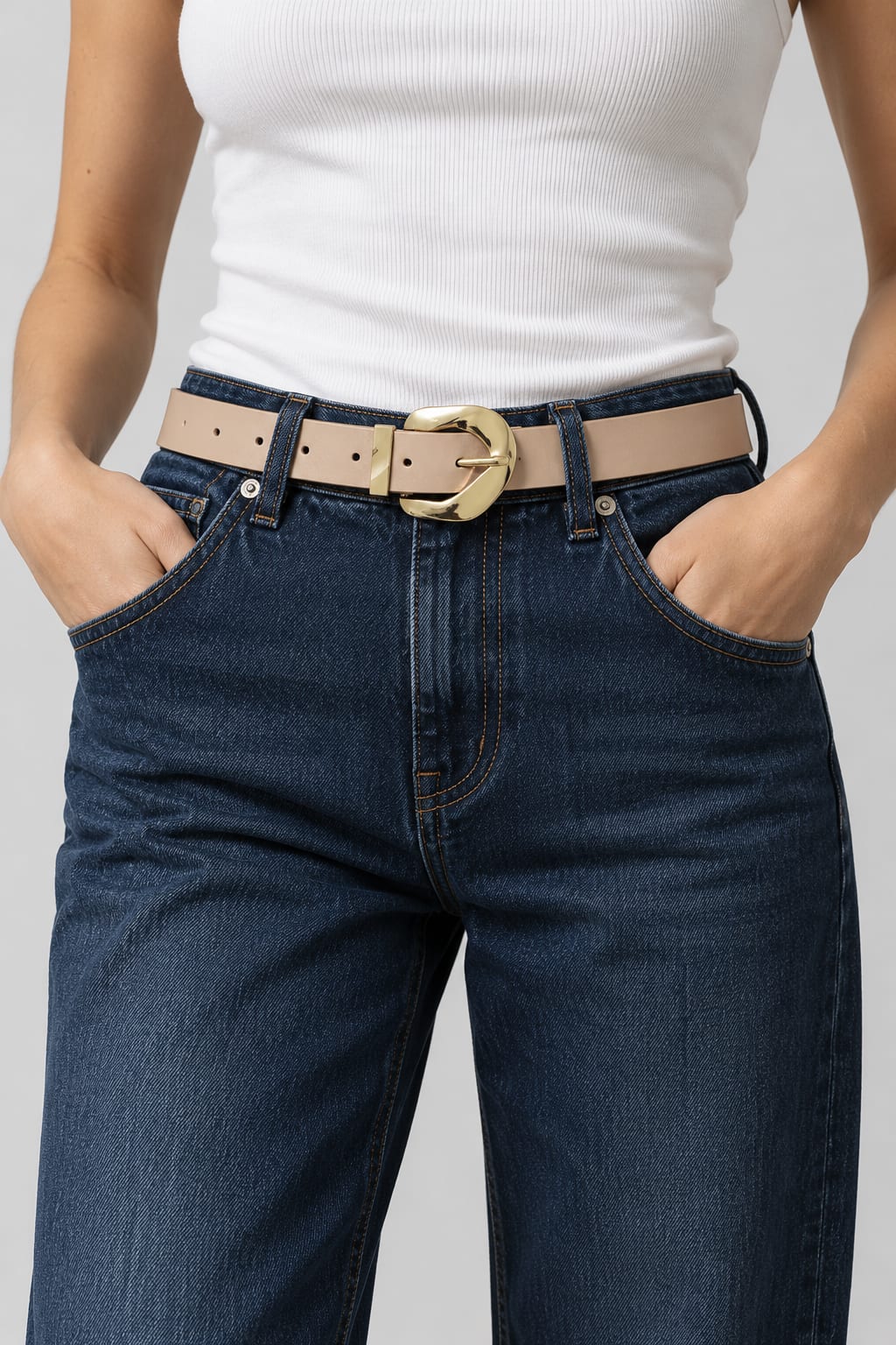 Beige Belt with Sculpted Gold Buckle